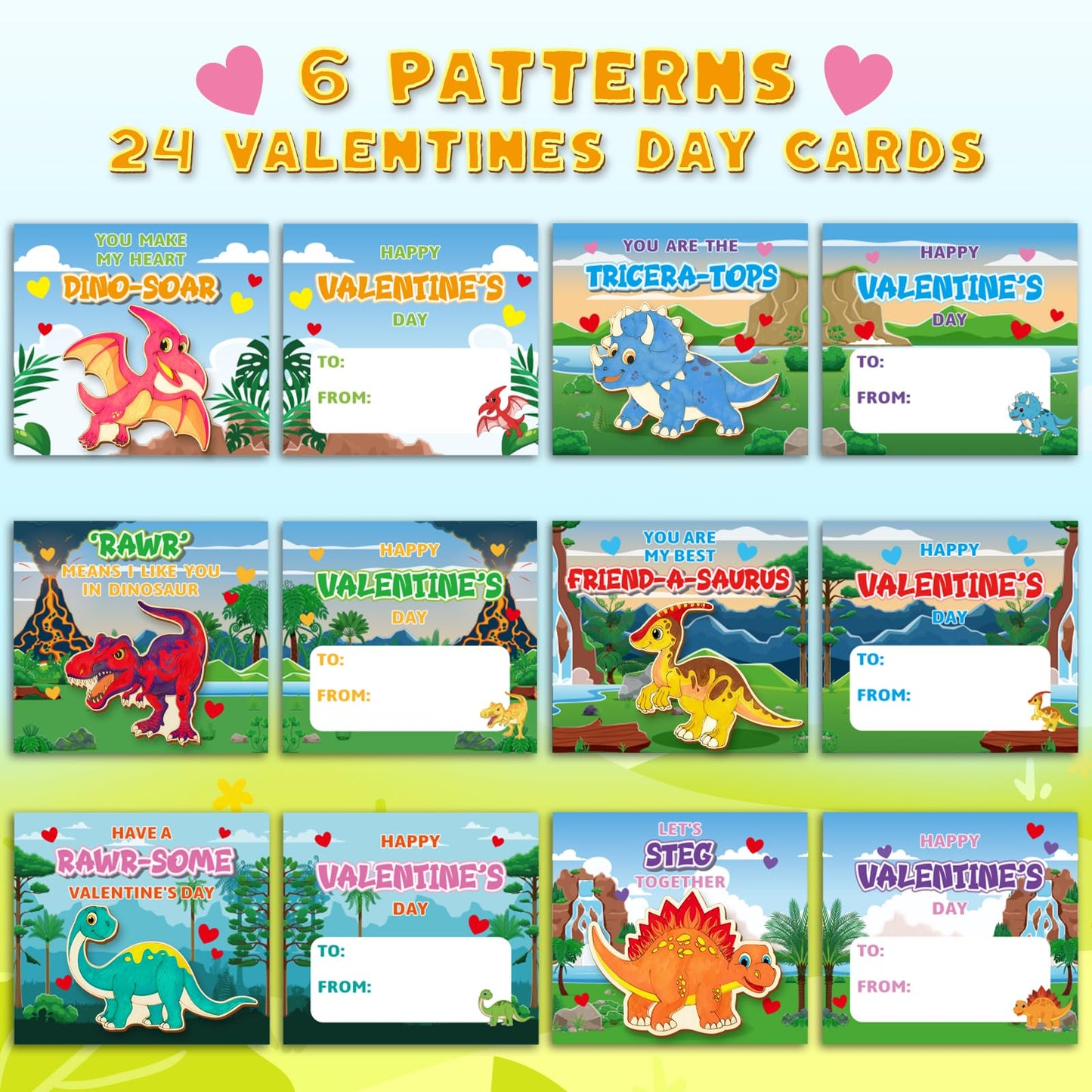 Letapapa Valentine's Day Cards for Kids – 24 Pack with DIY Dinosaur Painting Kit