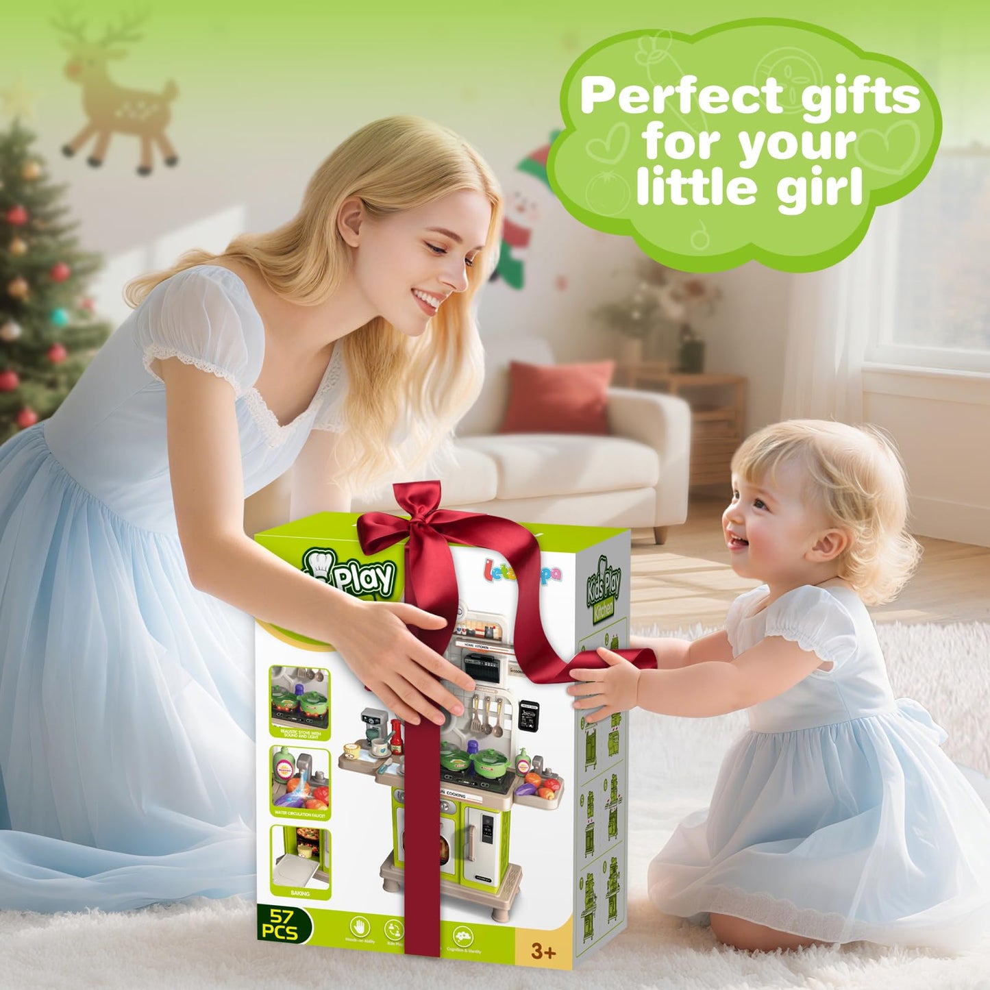 Letapapa Play Kitchen Set – Realistic Sound & Light Stove, 57 Pcs, Green