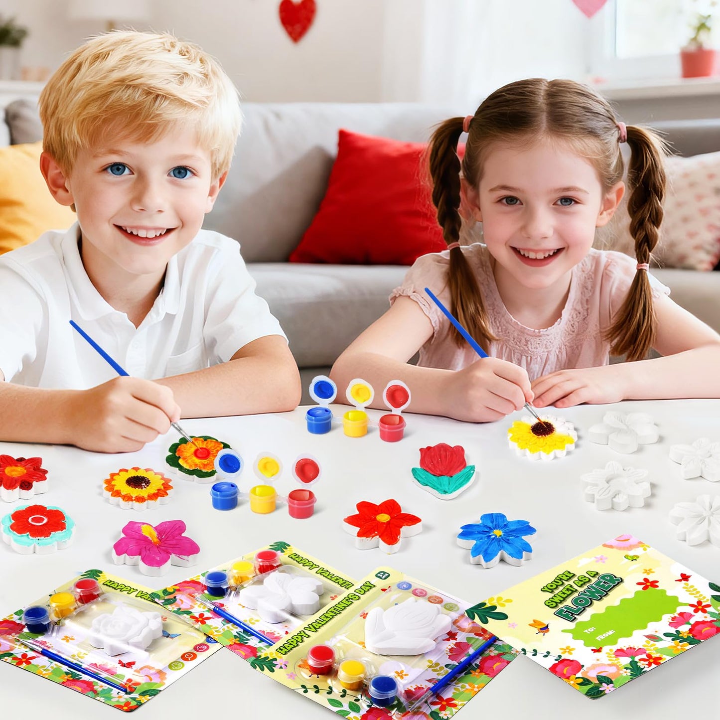 Letapapa Valentine’s Day Cards for Kids – 24-Pack Flower Plaster Painting Kit for School & Classrooms