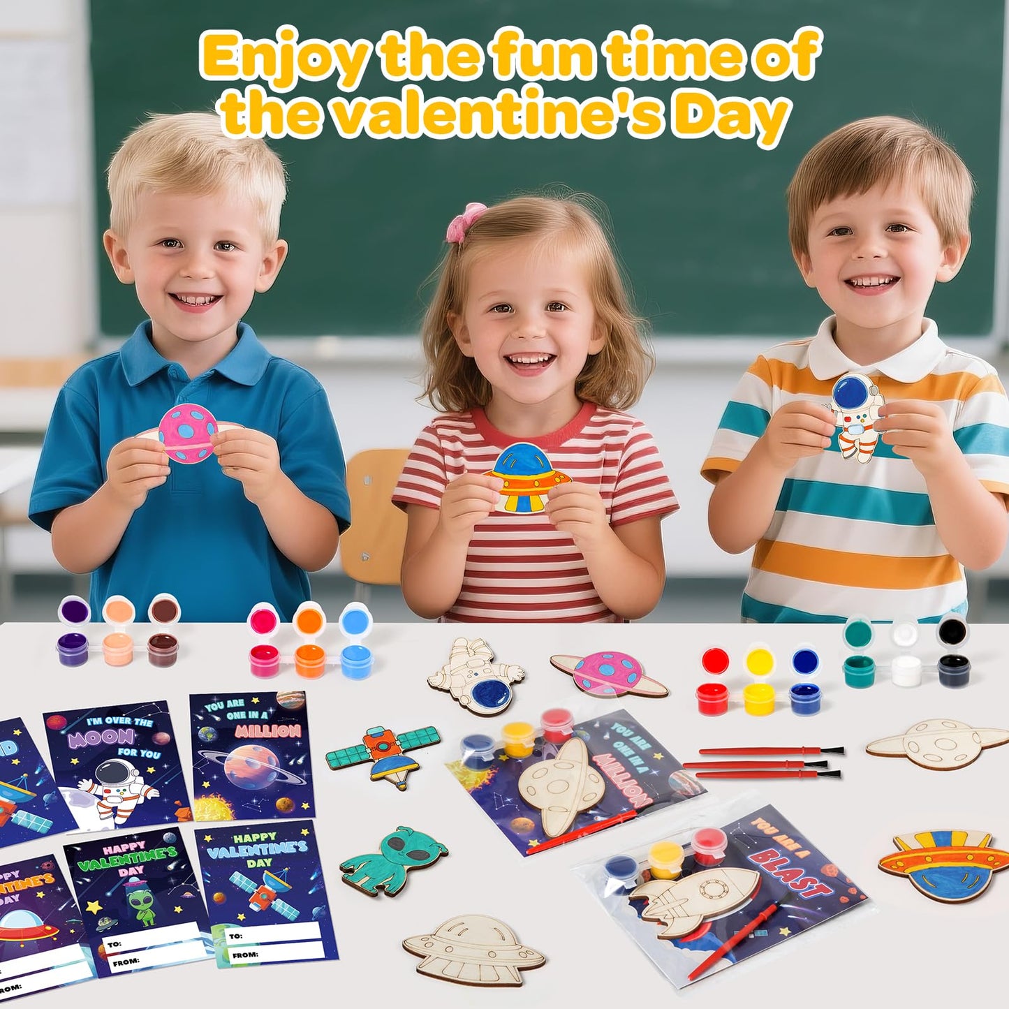 Letapapa Valentine's Day Cards for Kids — 24-Pack with DIY Space Wood Crafts Painting Kit