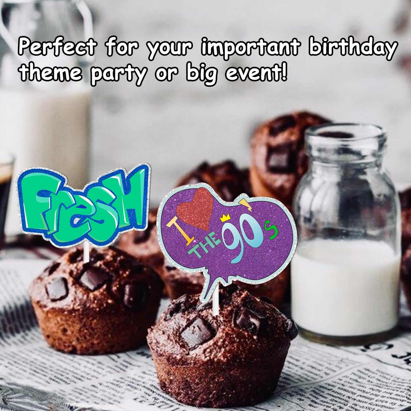 LETLIMIT 18pcs Glitter Cupcake Toppers – 90s Retro Theme Party Decor | Food-Grade Sticks