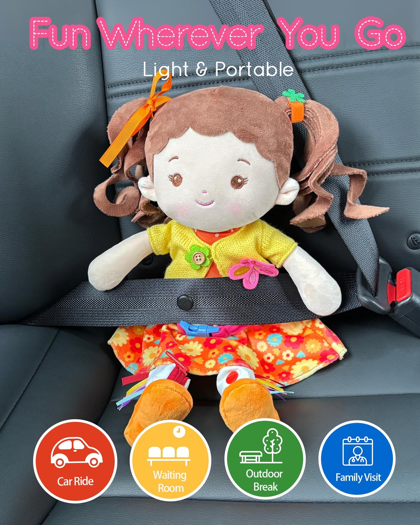 LeyaDoll Learning Sensory Doll for Toddlers — Montessori-Style Toy with Zipper, Shoelace, and Button Busy Flora