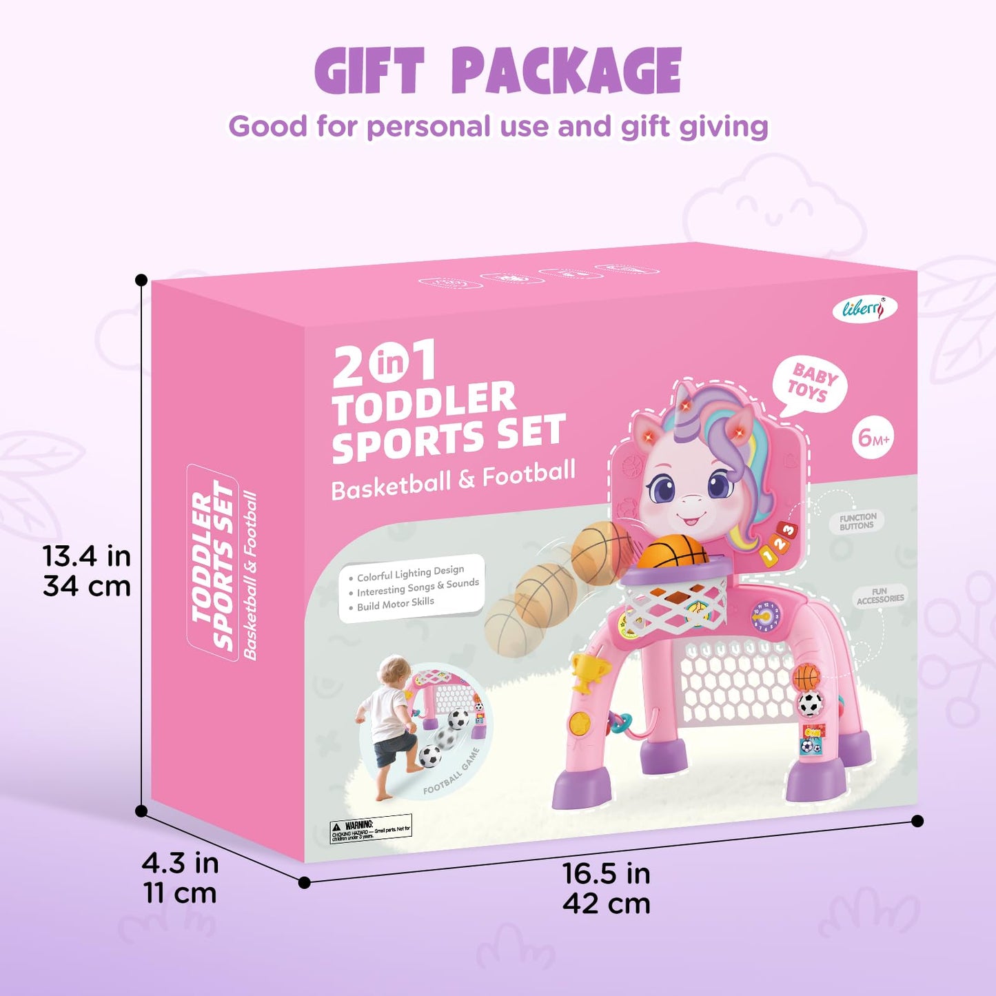 Liberry 2-in-1 Toddler Basketball Hoop & Soccer Goal – Lights & Sounds for 1-3 Year Olds (Pink)