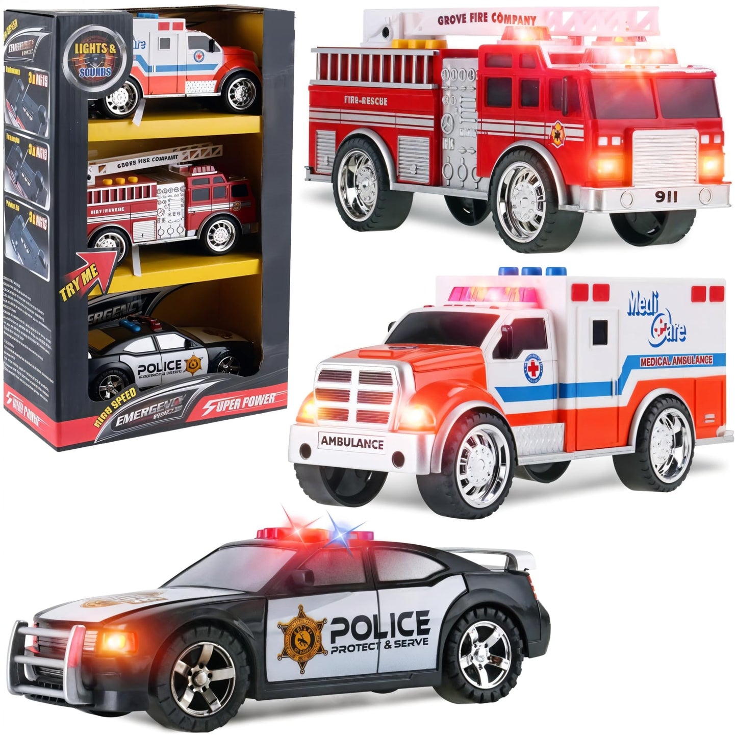 Liberty Imports 3-in-1 True Hero Emergency Rescue Vehicles – Ambulance, Fire Truck & Police Car