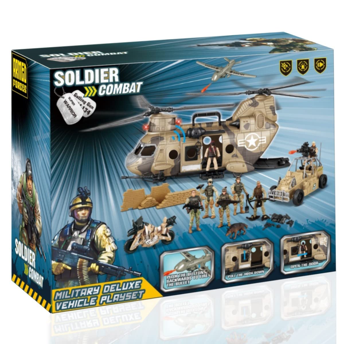 Liberty Imports 26-Piece Army Men Toy Set – Lights & Sound Helicopter Carrier