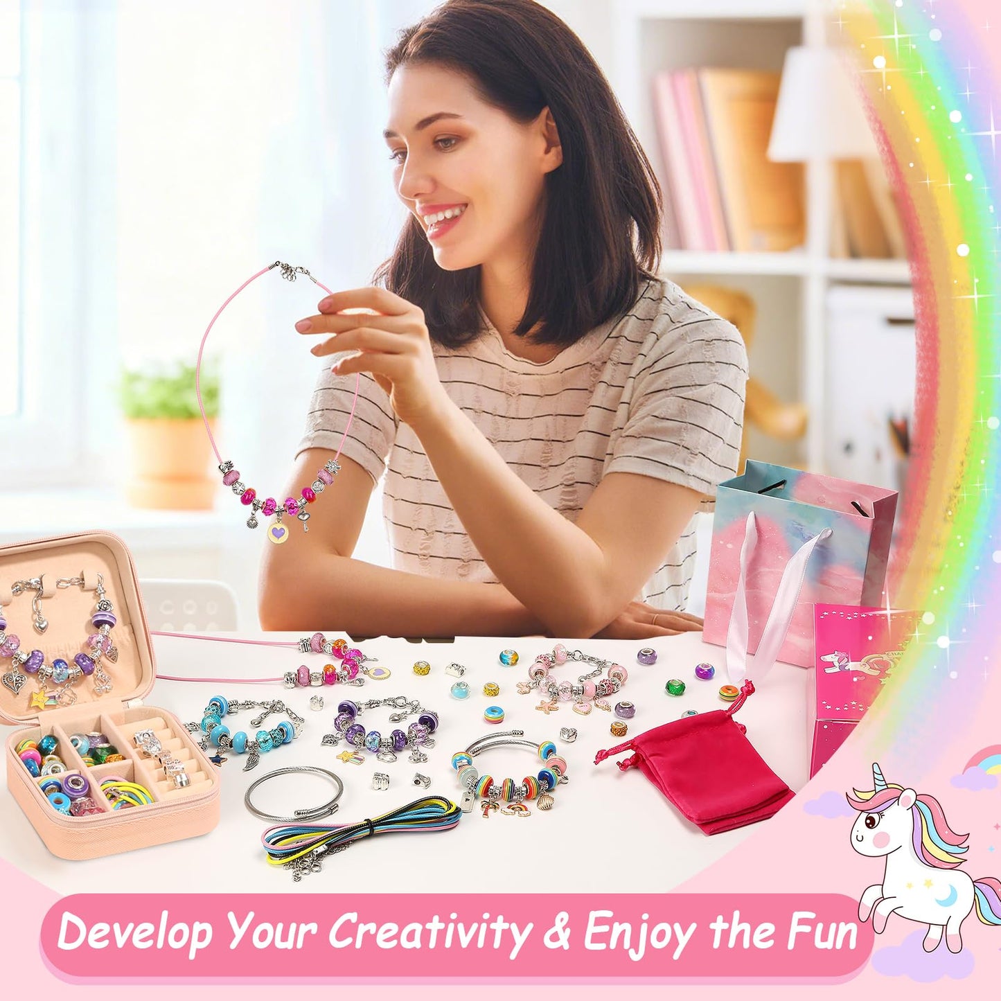 LifeisLuck Charm Bracelet Making Kit – 140 PCS DIY Beads, Portable Organizer & Gift Box