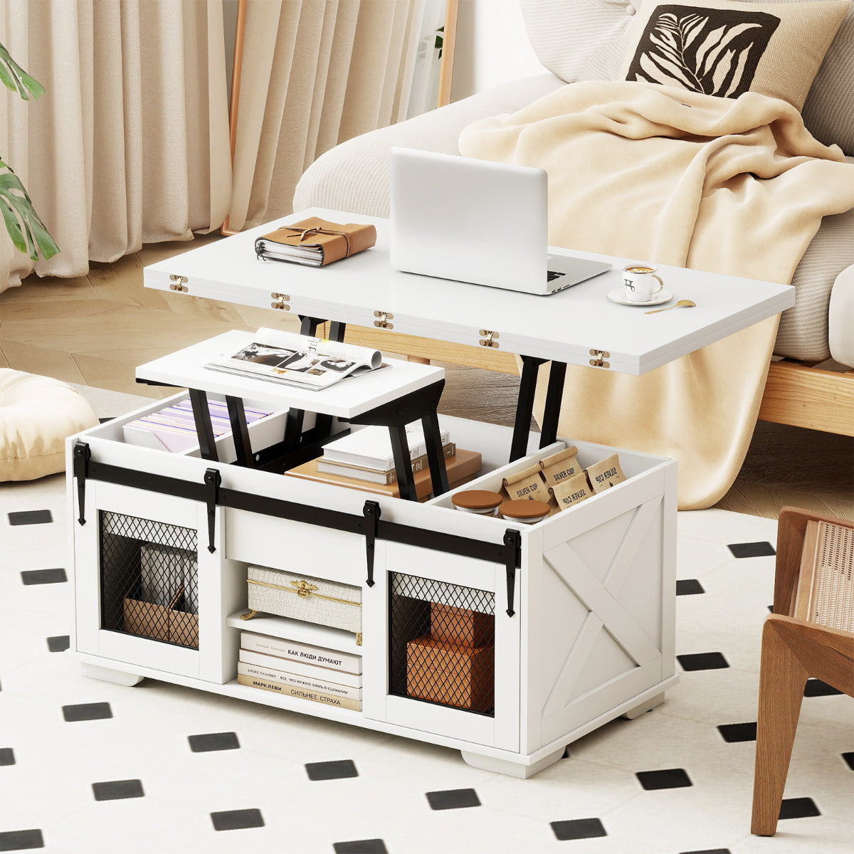 Lift Top Coffee Table with 2 Sliding Barn Doors and Open Shelves-Black