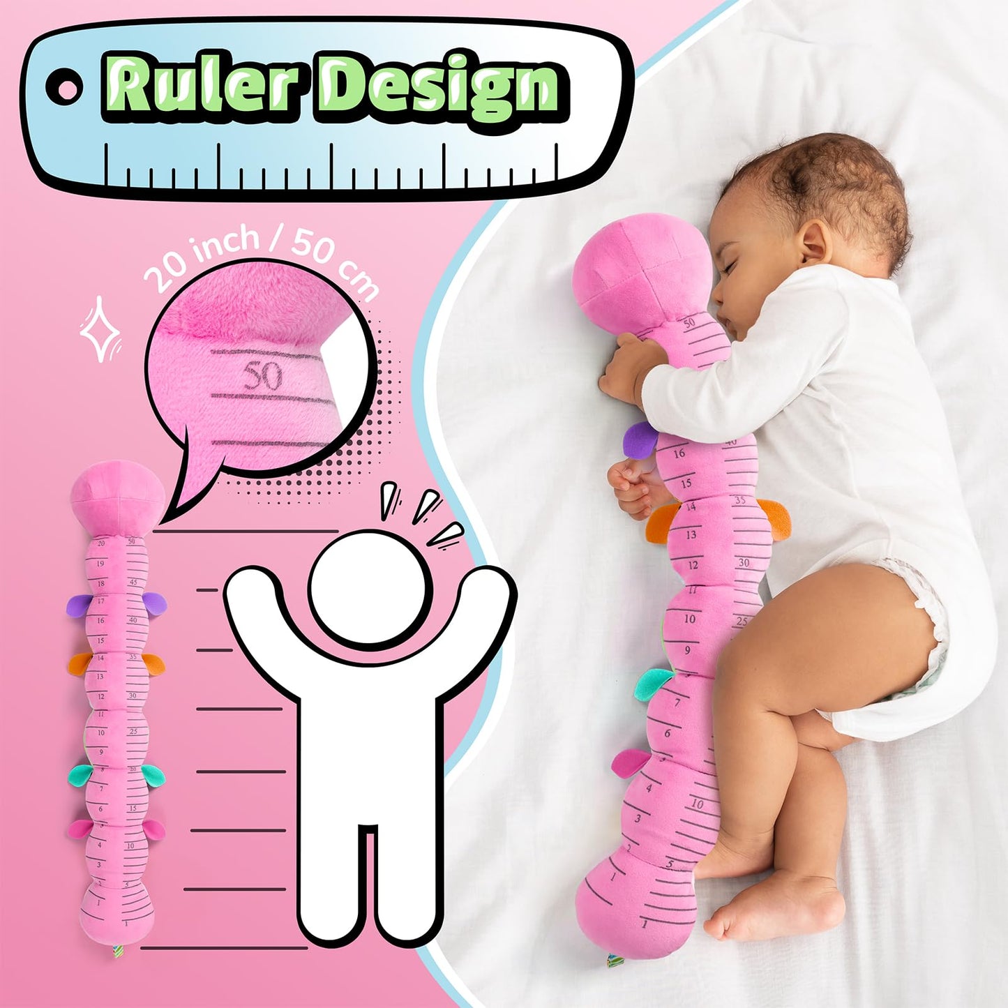 LIGHTDESIRE Baby Toys Musical Caterpillar – 6-in-1 Sensory Teether for Tummy Time (Pink)