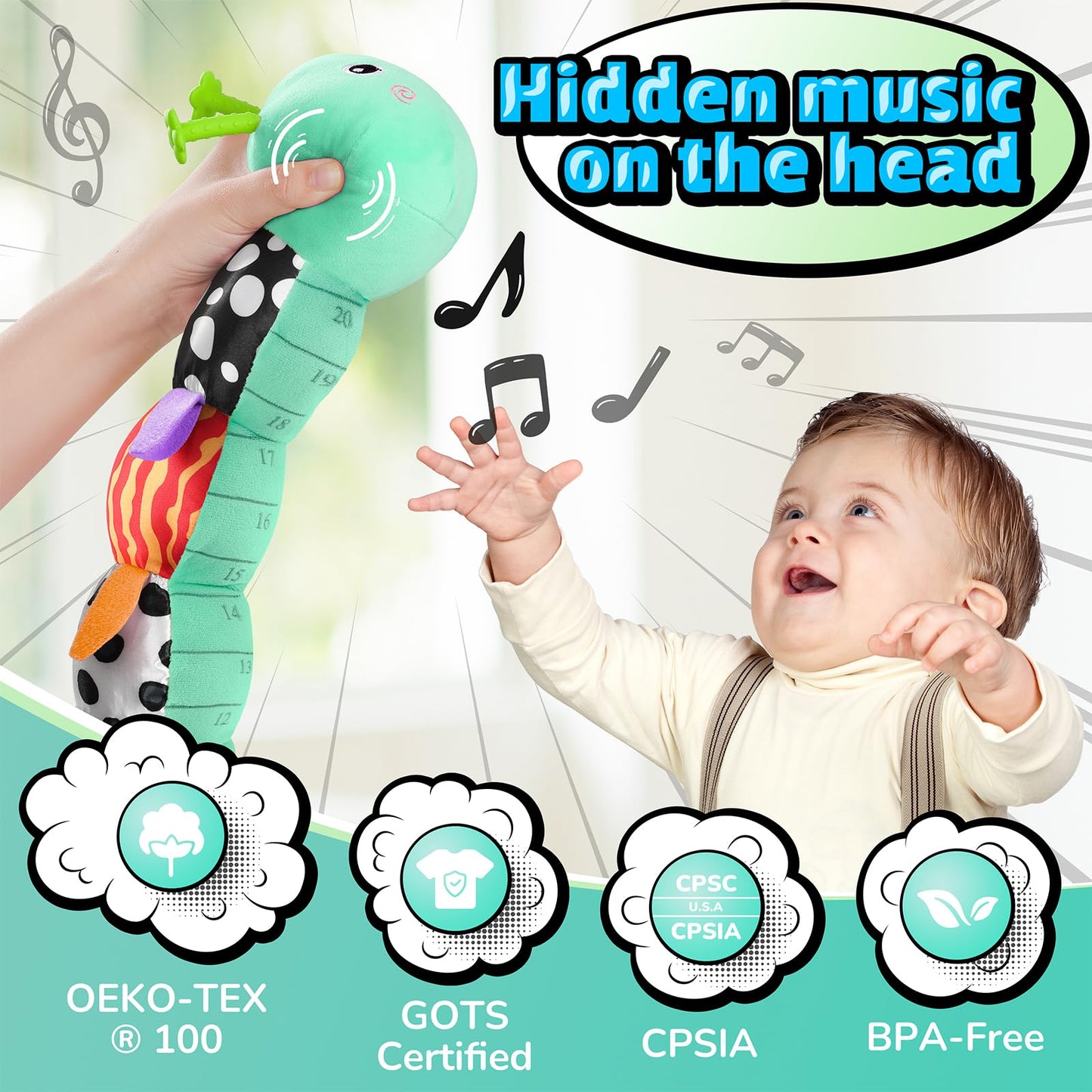 LIGHTDESIRE Baby Toys 6-12 Months Musical Caterpillar – 6-in-1 Sensory Toy with Ruler Belly, Crinkle & Bell (Blue)