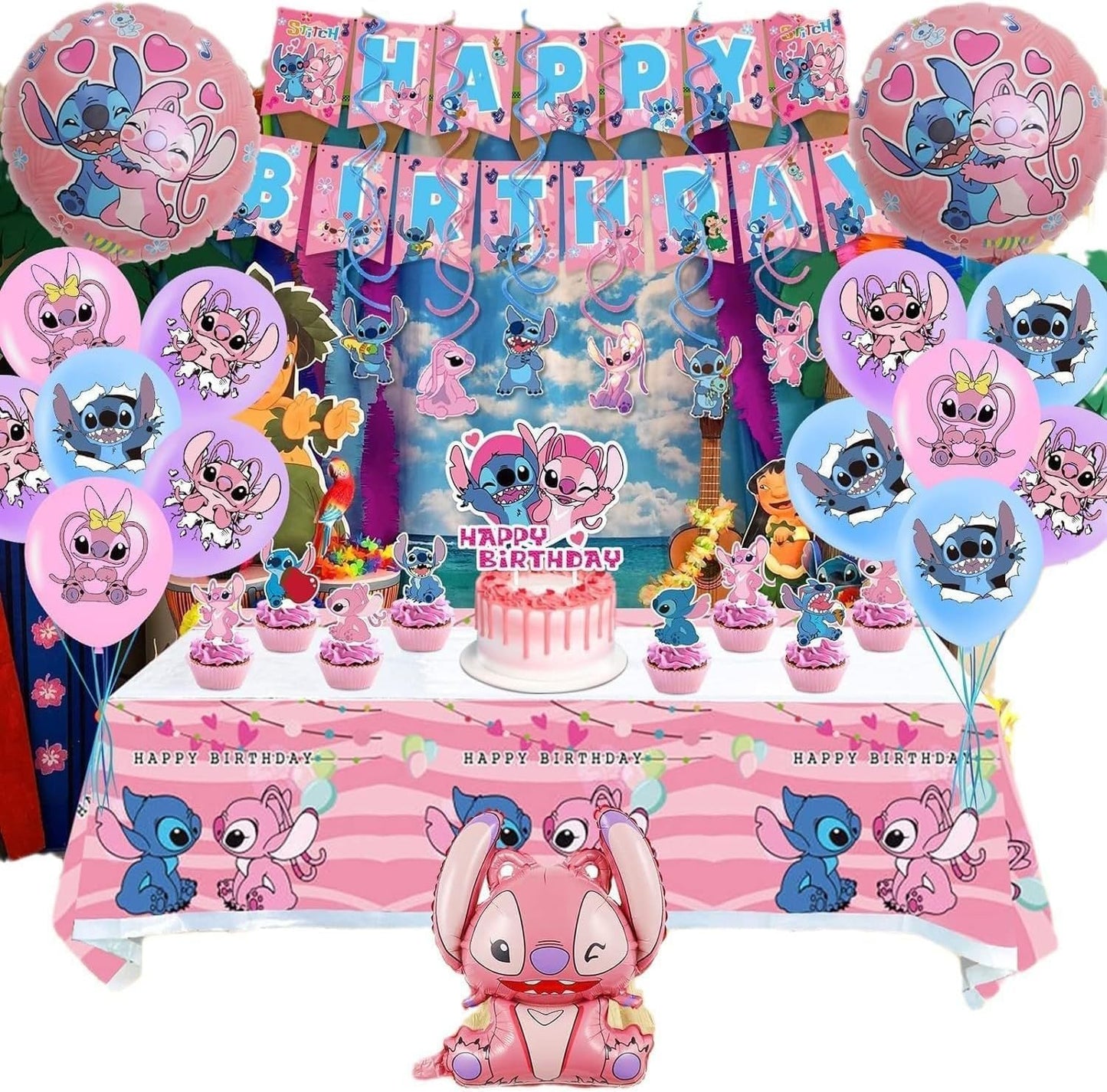 Lilo and Stitch 101PCS Pink Party Decorations Set — Banner, Balloons, Cake Topper