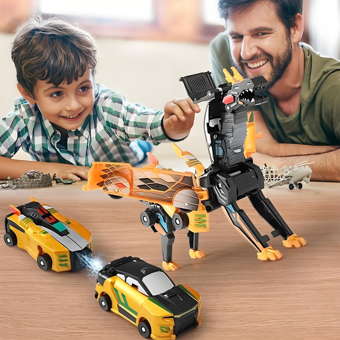 Liluwushe 2-in-1 Collision Transformation Dinosaur Car Toy - Magnetic Convertible Robot for Kids 3-12 (Golden Blue)