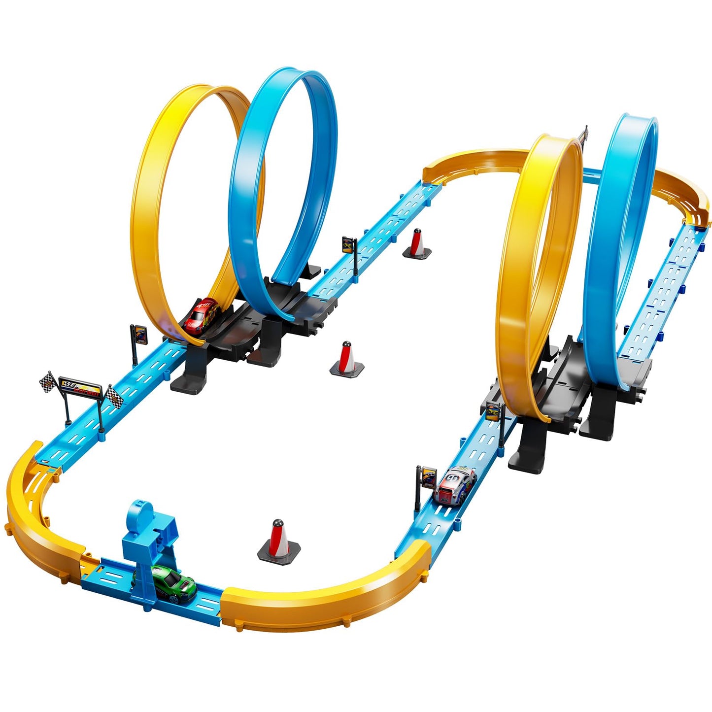 LILYBUDS Toy Car Race Track Set – Long Track, 4 Crash Zones, 1:64 Scale Cars