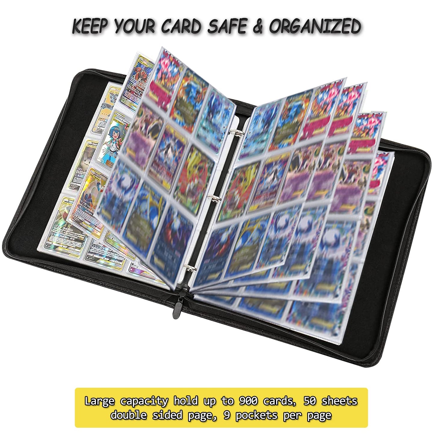 LIMSTDIC Card Binder with Sleeves — 9-Pocket, Holds 900 Cards, Zippered PU Cover