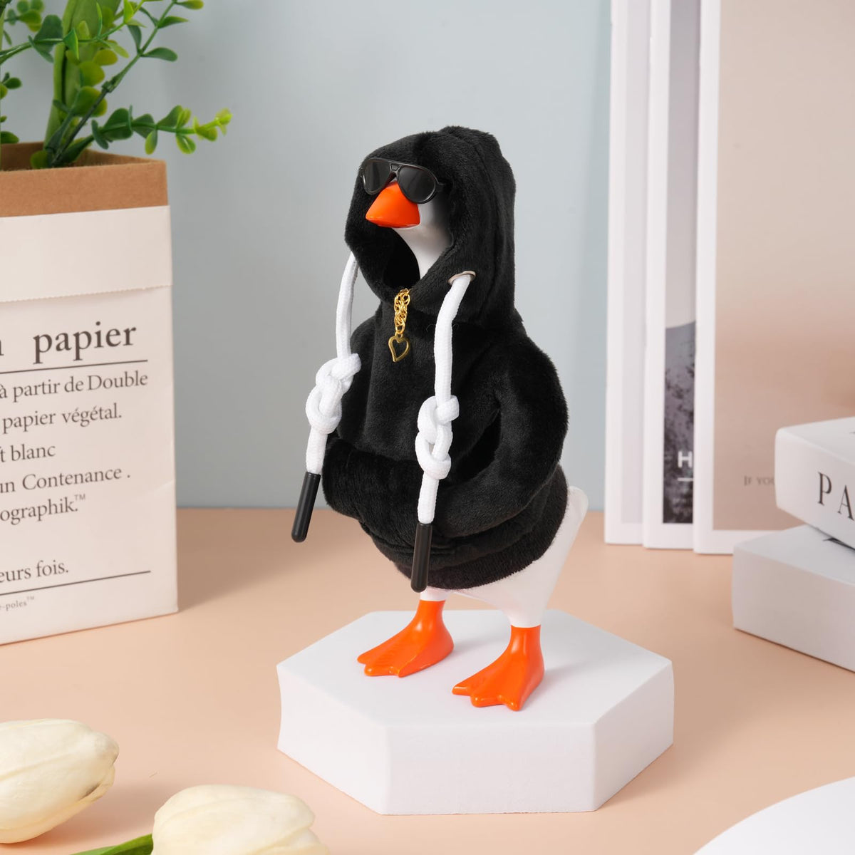 Linastu 6‑Piece 7‑Inch Desk Goose Outfit — Black Hoodie, Sunglasses & Necklace