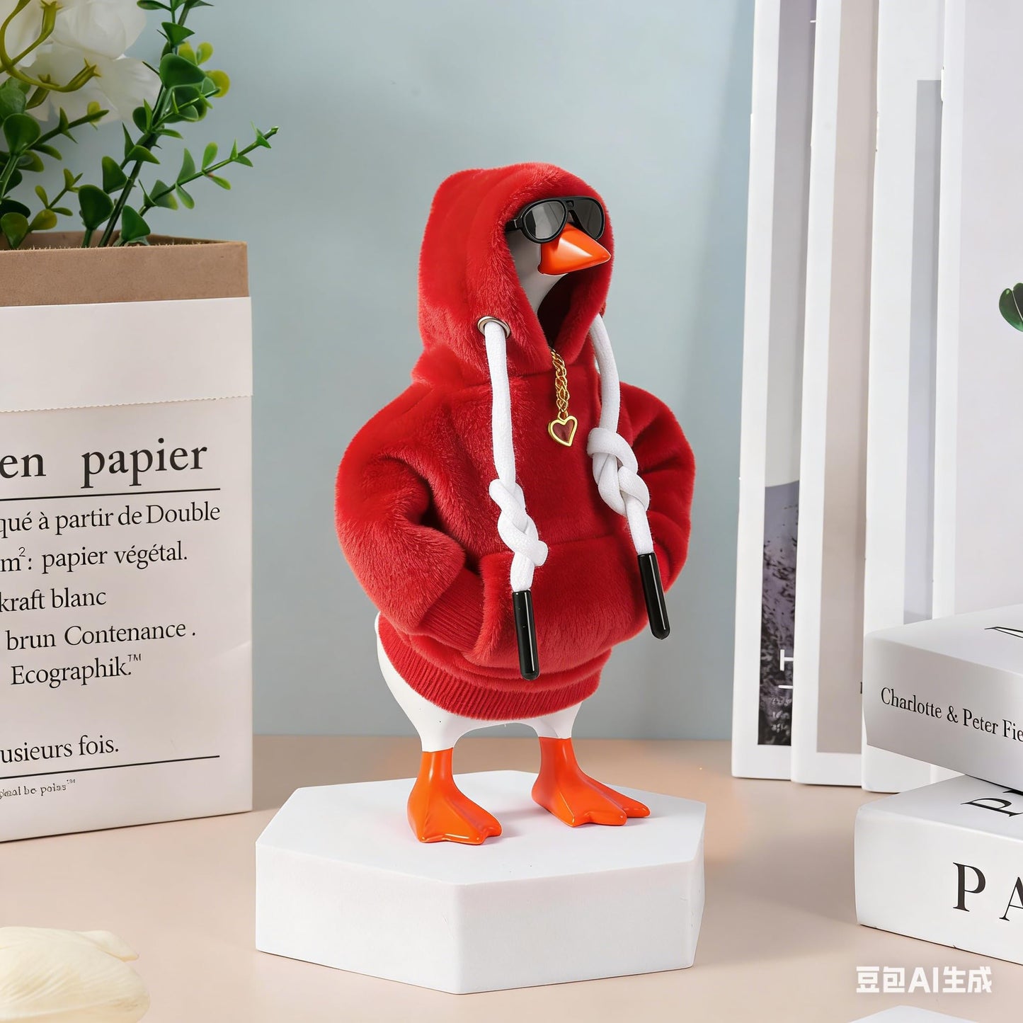 Linastu 6-Piece 7-Inch Desk Goose Outfit Set: Red Hoodie, Sunglasses & Necklace