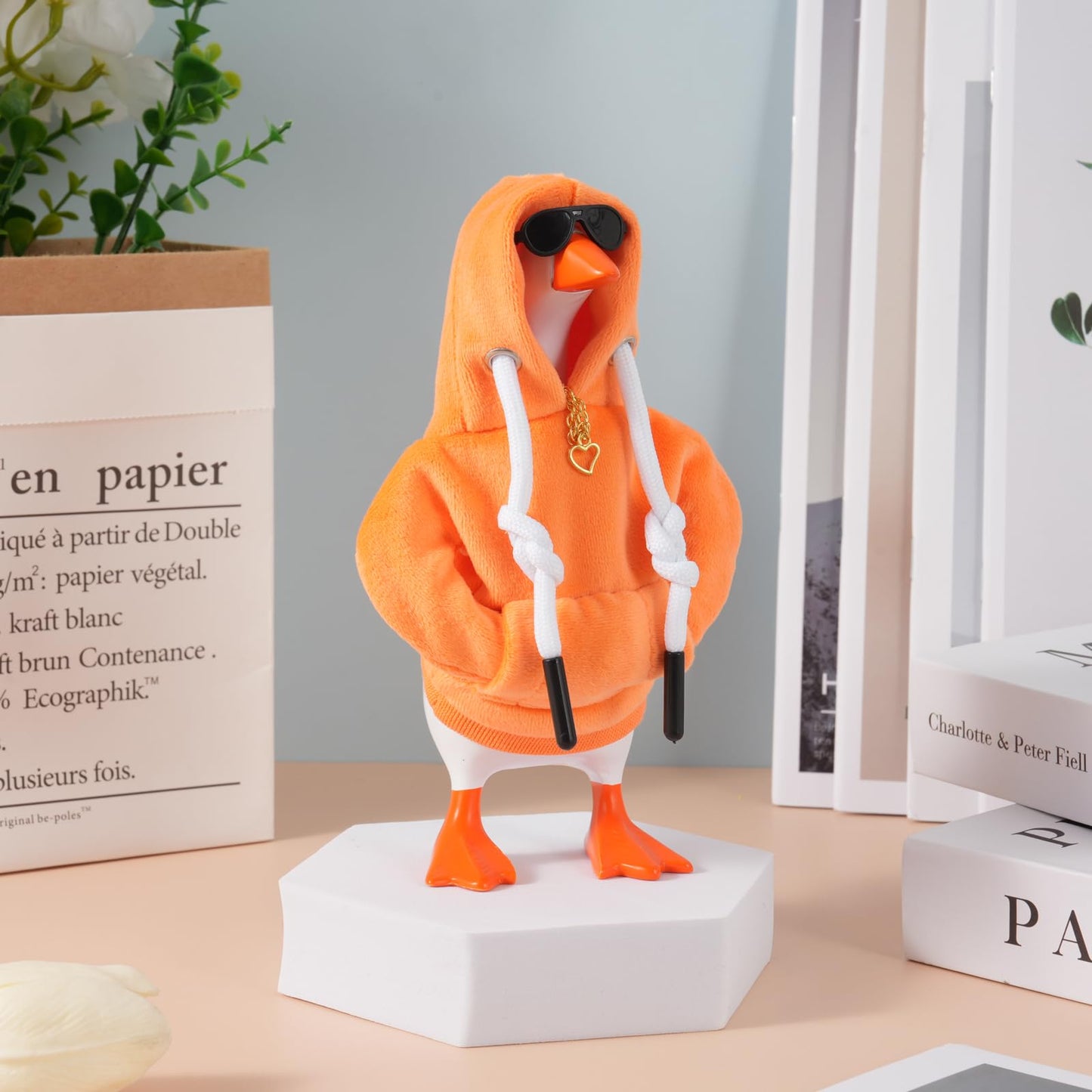 Linastu 7-Inch Desk Goose Outfit: Orange Hoodie, Sunglasses & Gold Necklace