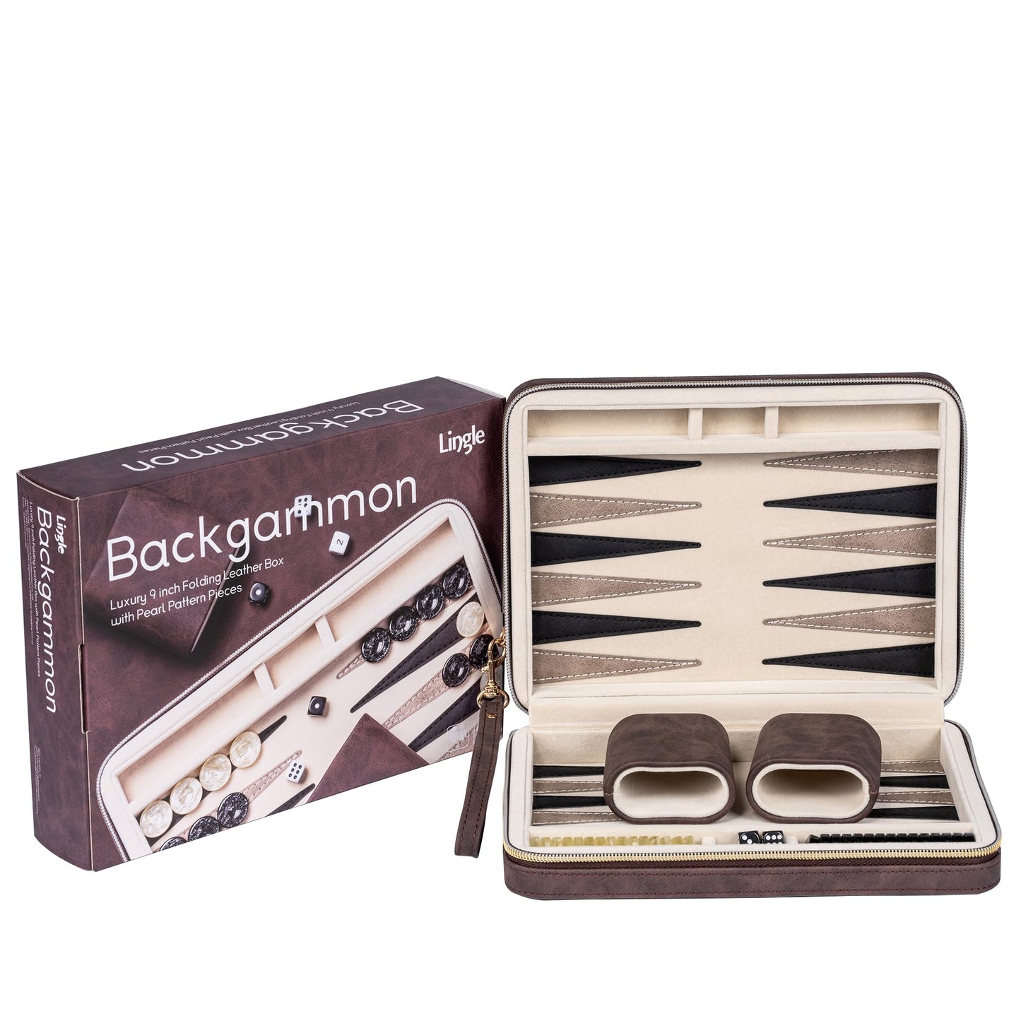 Lingle Backgammon Set for Adults - Folding Faux Leather Case, Portable Travel Board Game