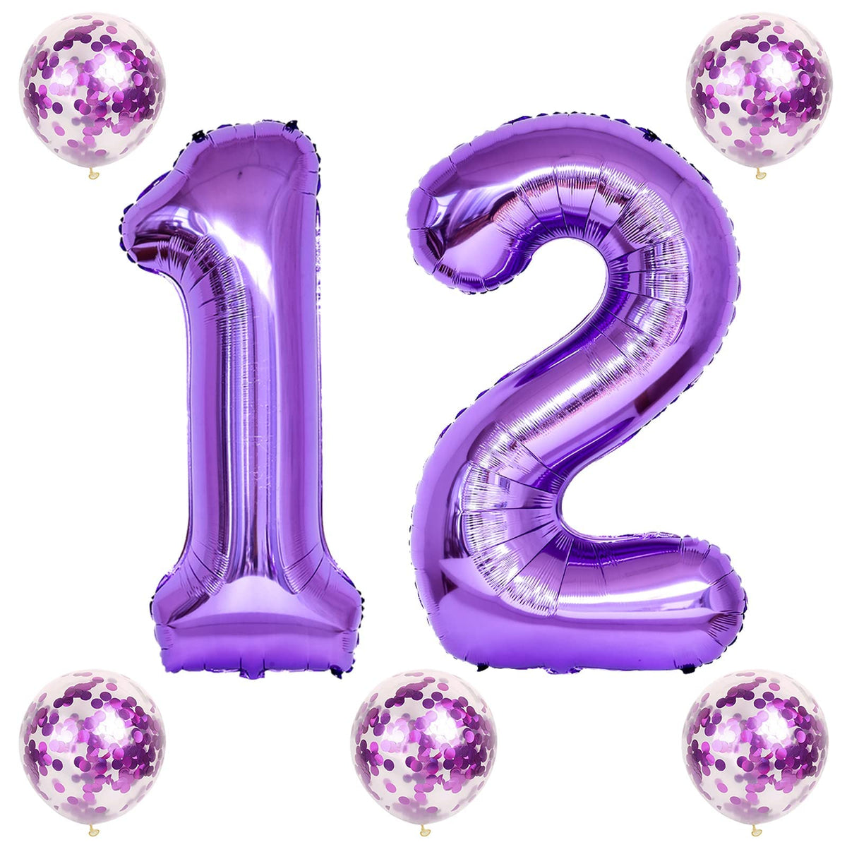 Lingqiang Purple 12th Birthday Balloon Kit – 40in Foil Numbers + Purple Confetti Latex