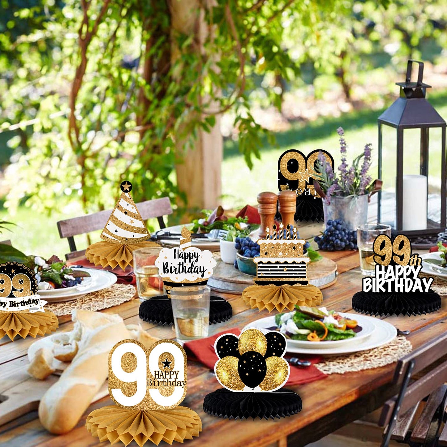 LINGTEER Happy 99th Birthday Table Honeycomb Centerpieces – 8-Pack Milestone Party Decor