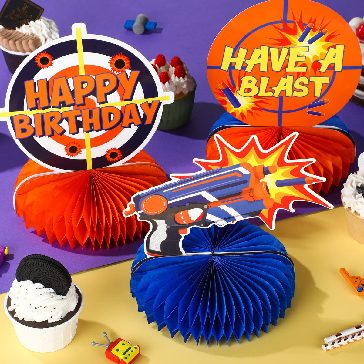 LINGXIU 10-Piece Dart War Party Decorations | Nerf-Themed Honeycomb Centerpieces for Birthday Tables