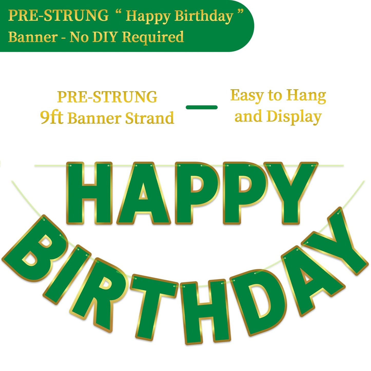 LITAUS Happy Birthday Banner 9ft Green – Pre-Strung Backdrop Sign for Parties