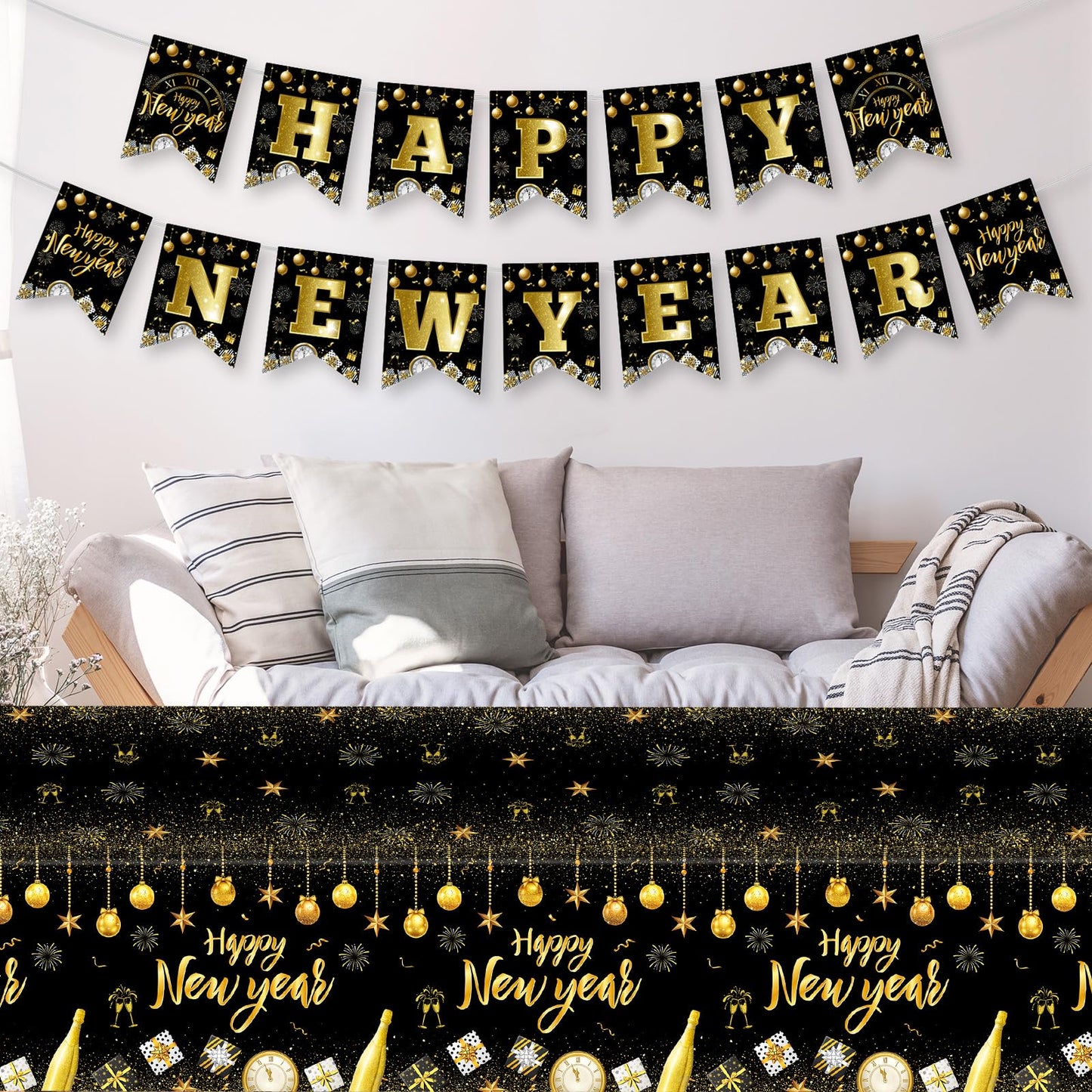 Litmitfu Black Gold Happy New Year Banner 2026 – DIY 16-Piece Garland