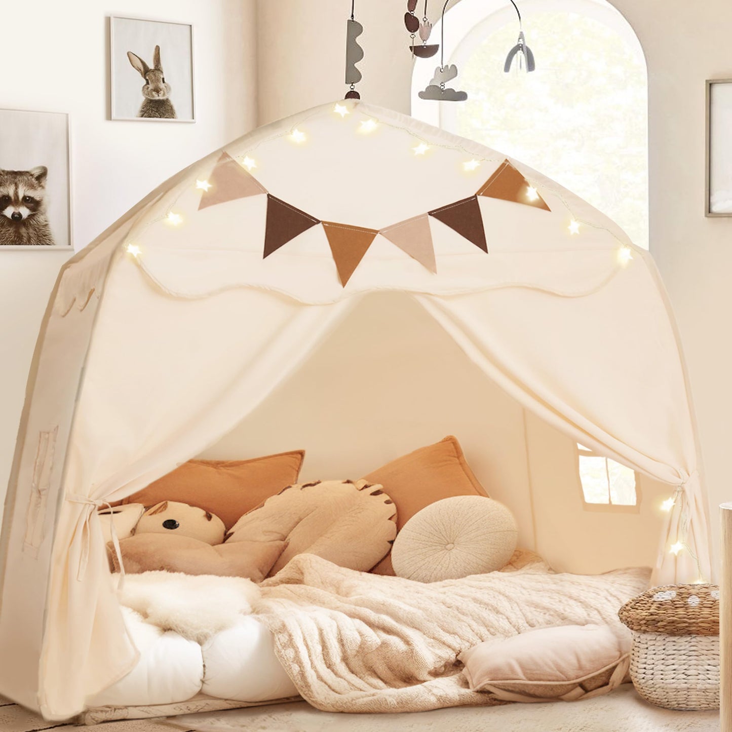 Little Dove Extra Large Kids Play Tent with Flags & Star Lights – 59x39x59 in Cream