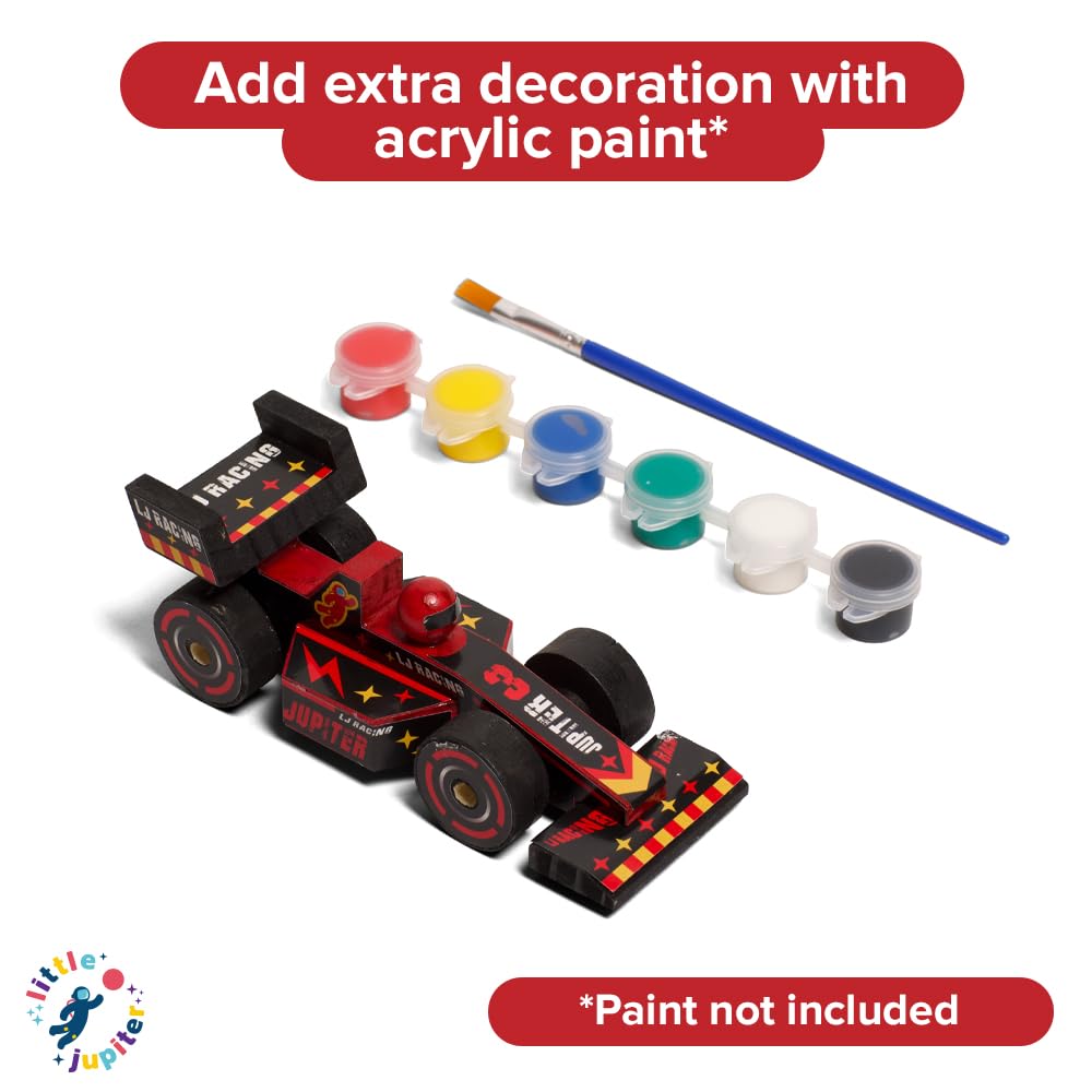 Little Jupiter DIY Wooden Kits with Stickers – STEM Toys for Ages 4-7 (Open & Closed Wheel Cars)