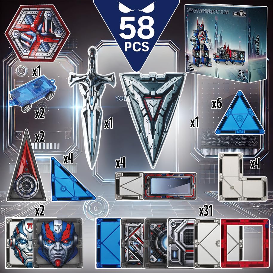 Little Pi MegaBots 58-Piece Magnetic Tiles | Heroic Robots with Sword & Shield