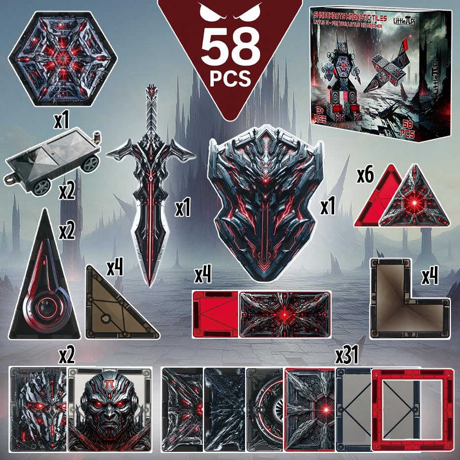 Little Pi ShadowBots Magnetic Tiles 58 PCS | Transform Robot Villain Building Set | STEM Toys for Kids Ages 3-8