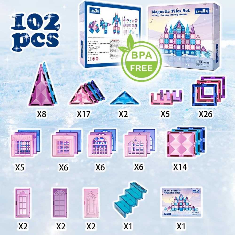Little Pi 102-Pcs Frozen Princess Castle Magnetic Tiles – 3D Diamond Blocks for STEM Play