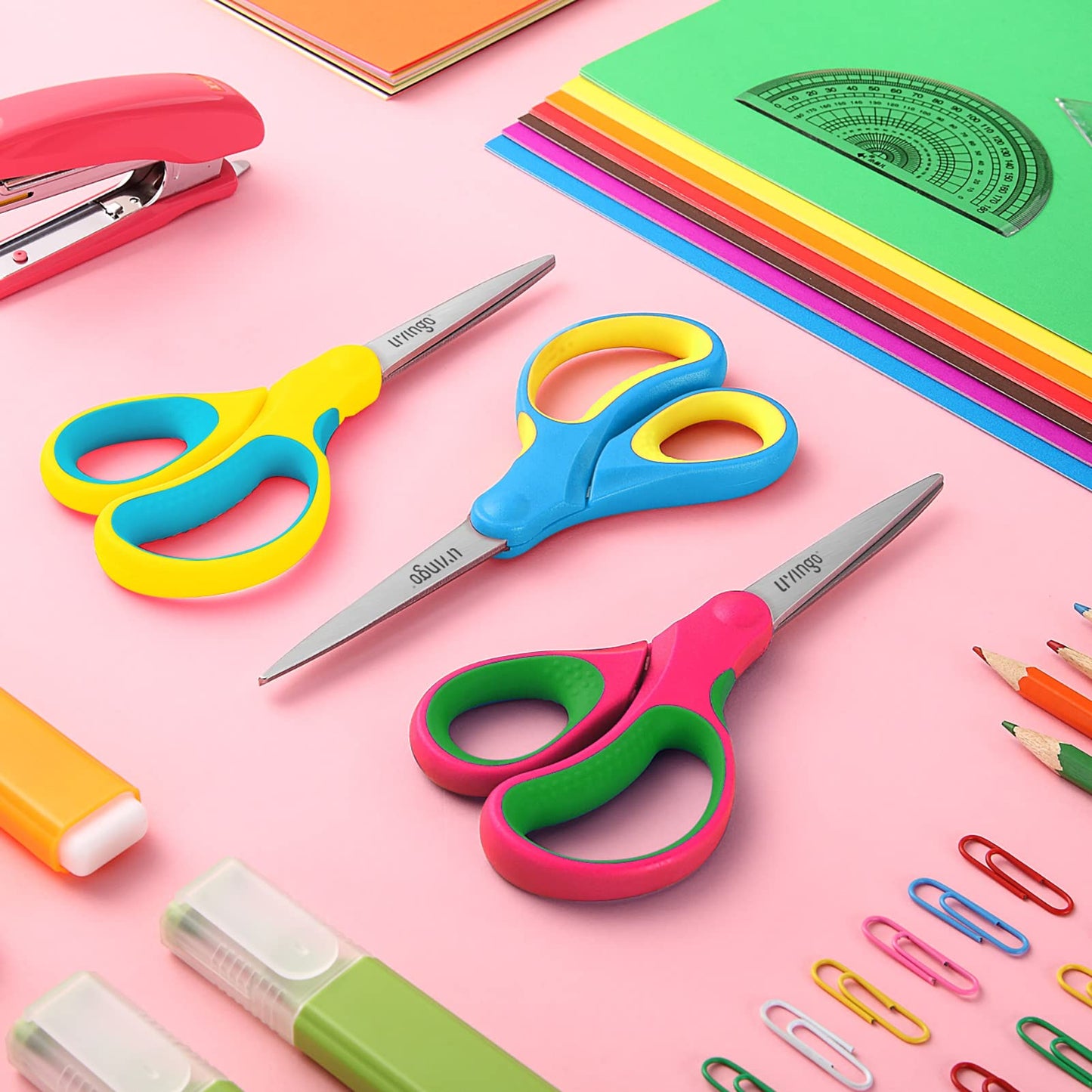 LIVINGO 5-Inch Kids Scissors – Pointed Tip, Soft Ergonomic Handles, Right/Left Handed, 3-Pack