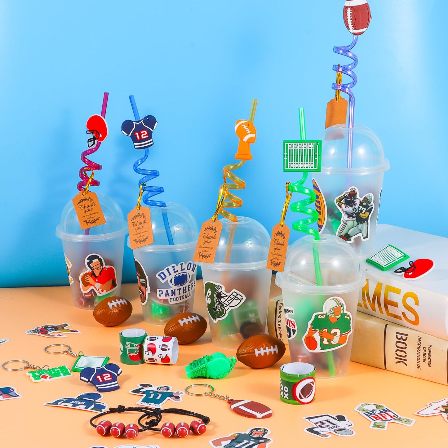 LiYiQ 158 Pcs Football Party Favors – Cups, Straws, Whistles & Accessories
