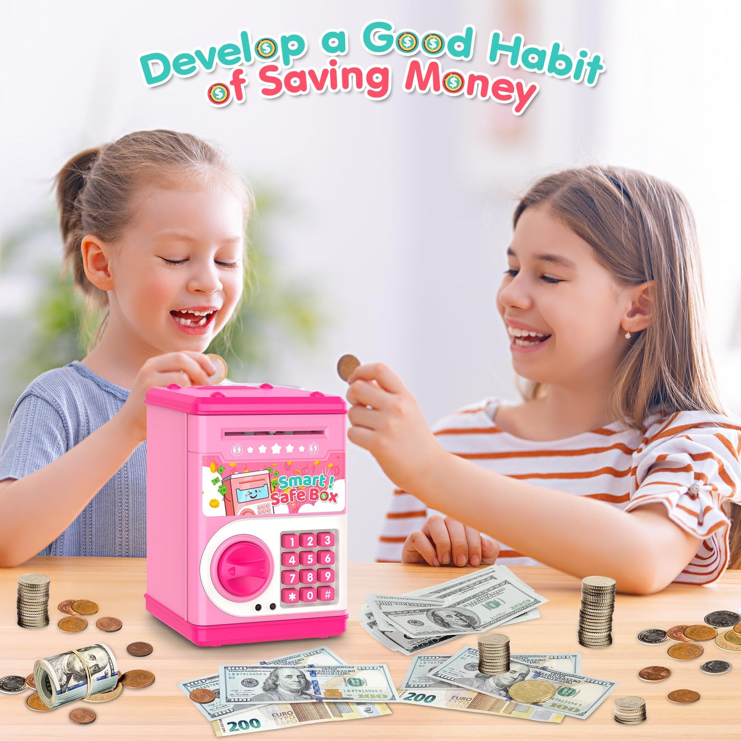 LJZJ Pink Piggy Bank with Password Lock & Auto Grab Slot – Kid Safe Money Box