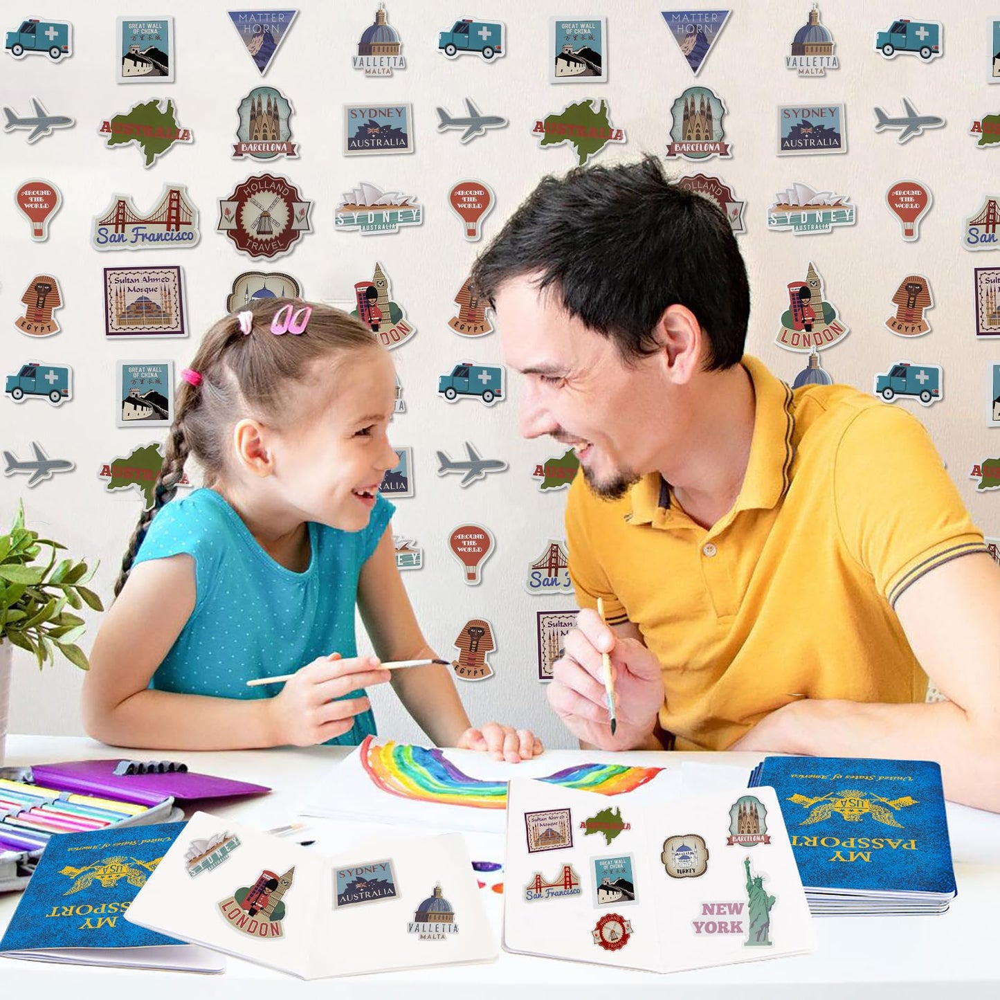 Llamau Blue Passport Book Set: 30 Blank Notebooks + 300 Travel Stickers for Kids