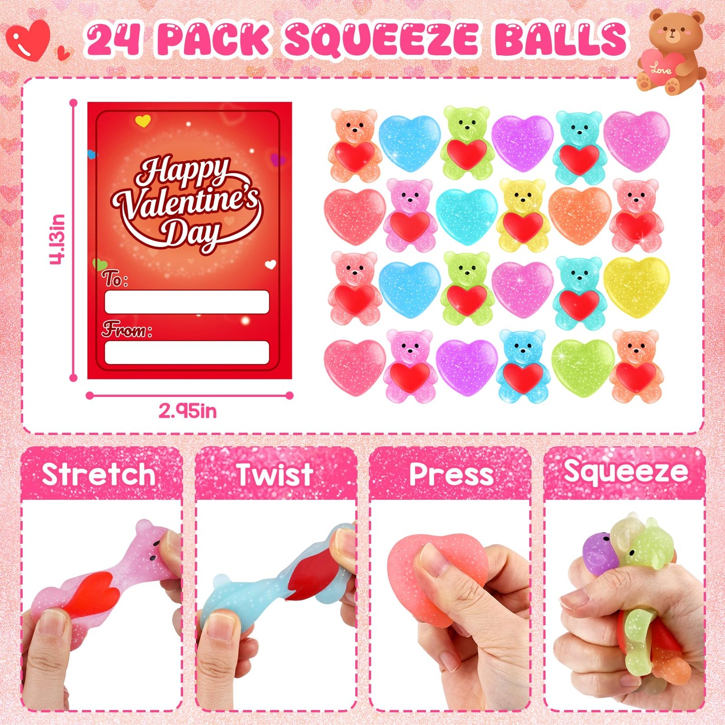 LLESSOO 24-Pack Kids Valentines Day Gifts for School – Cards & Stress Ball Fidgets