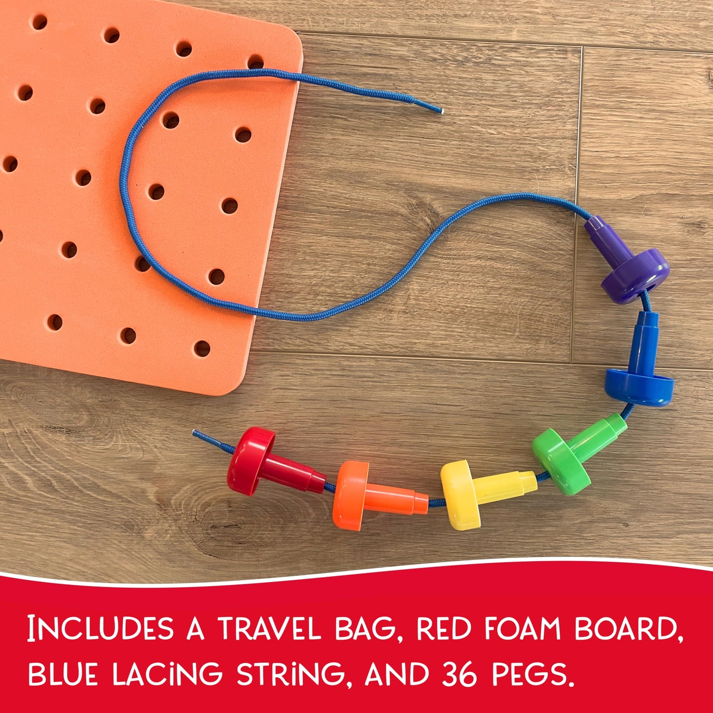LMC Products Foam Peg Board Toy – 36 Pegs, Foam Board, Lacing String & Storage Bag | Fine Motor Skills Toy for Toddlers and Kids (Orange)