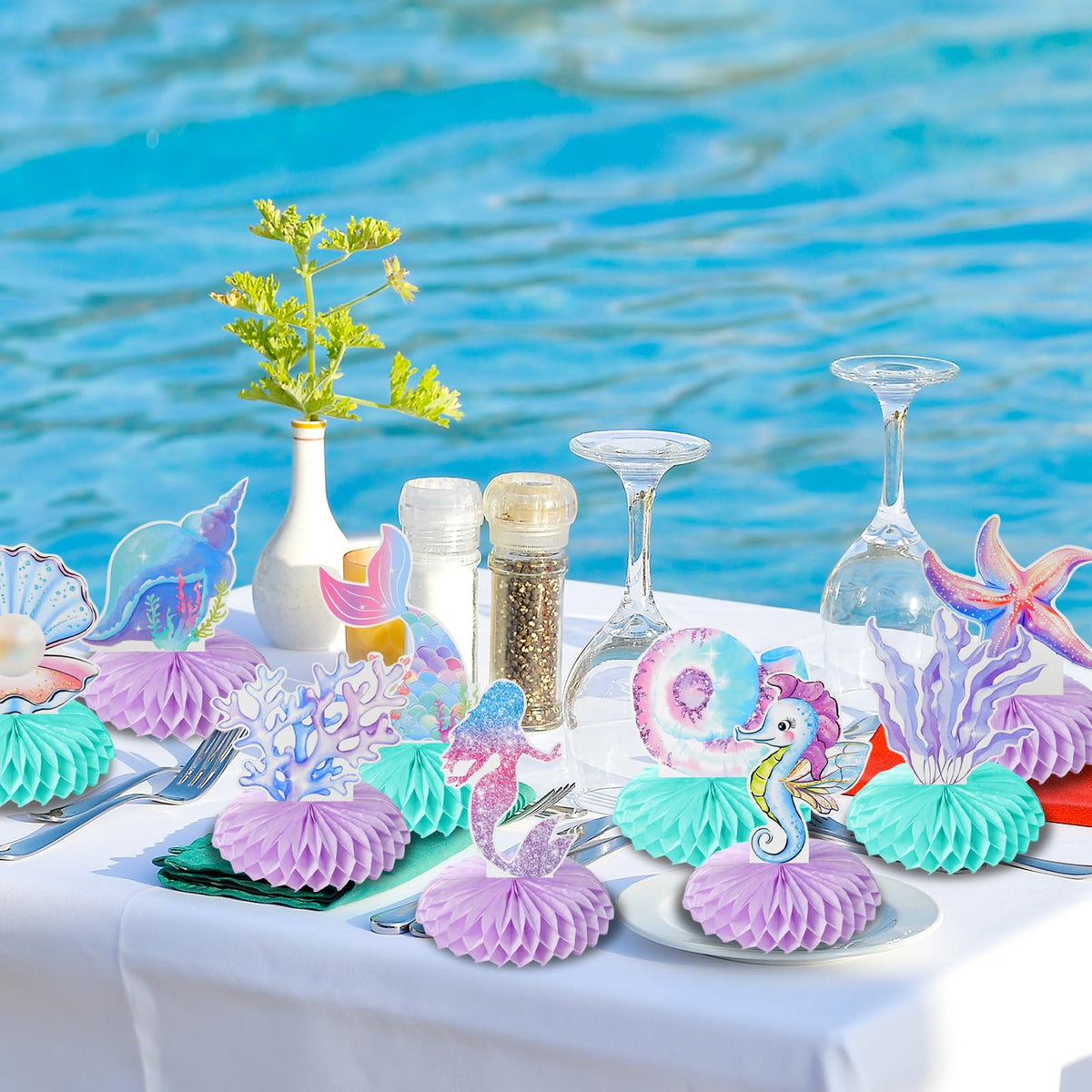 Loghohu 9PCS Mermaid Theme Party Decorations | 3D Honeycomb Centerpieces for Under-the-Sea Parties