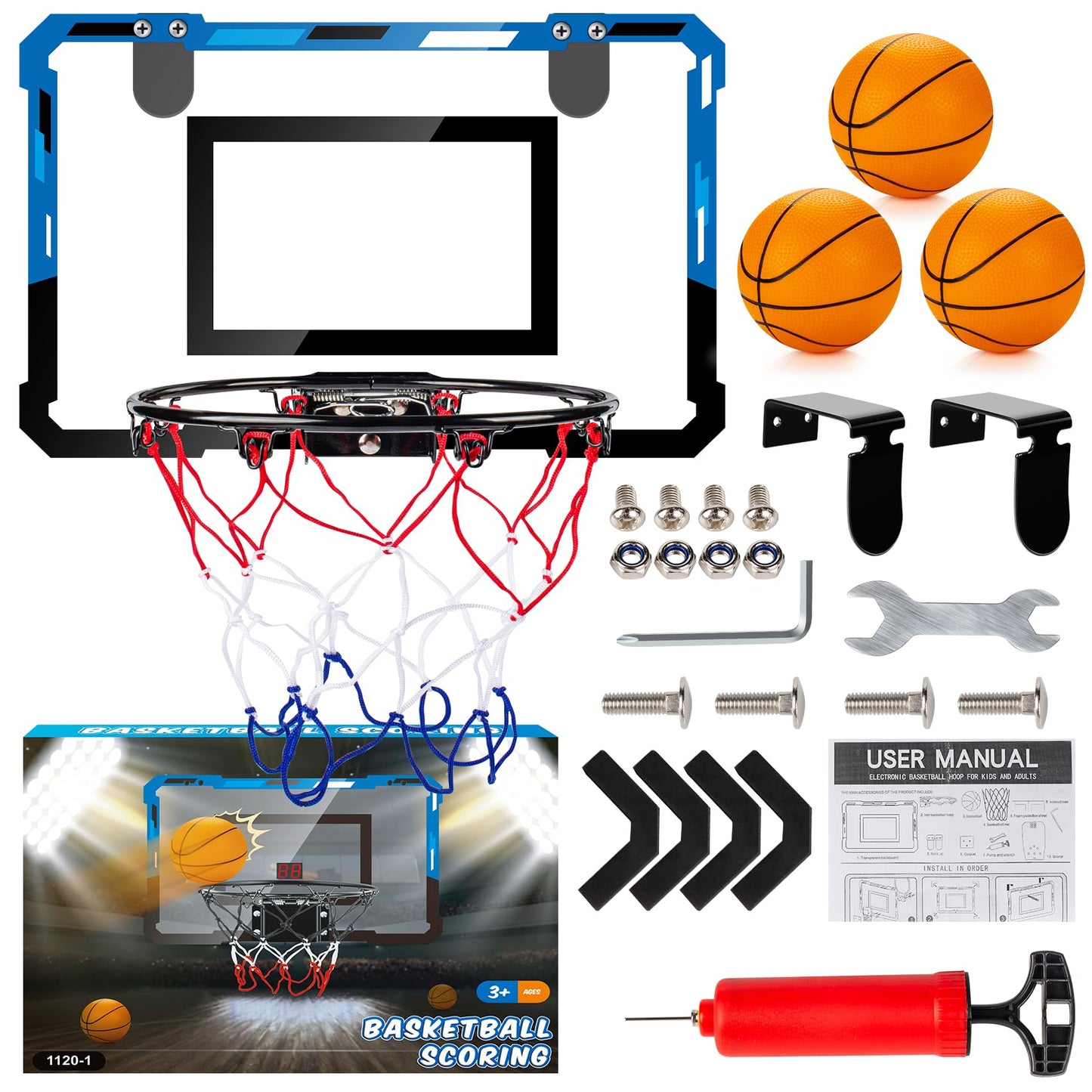 Loiley Basketball Mini Hoop – Indoor Door Mount, 3 Balls, Scoreboard, Blue