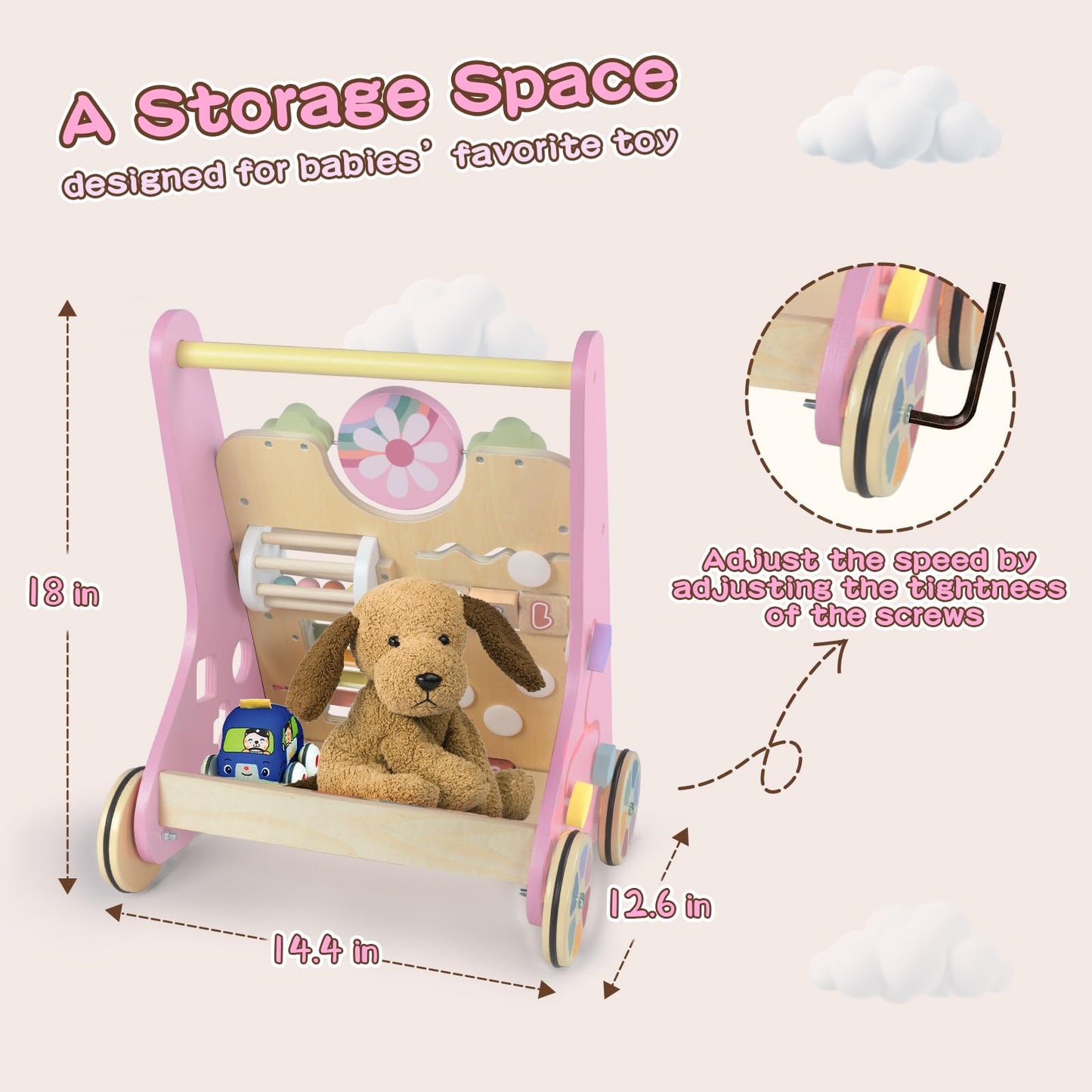 LOL-FUN Pink Wooden Baby Walker with Wheels – 9-in-1 Activity Center for Girls