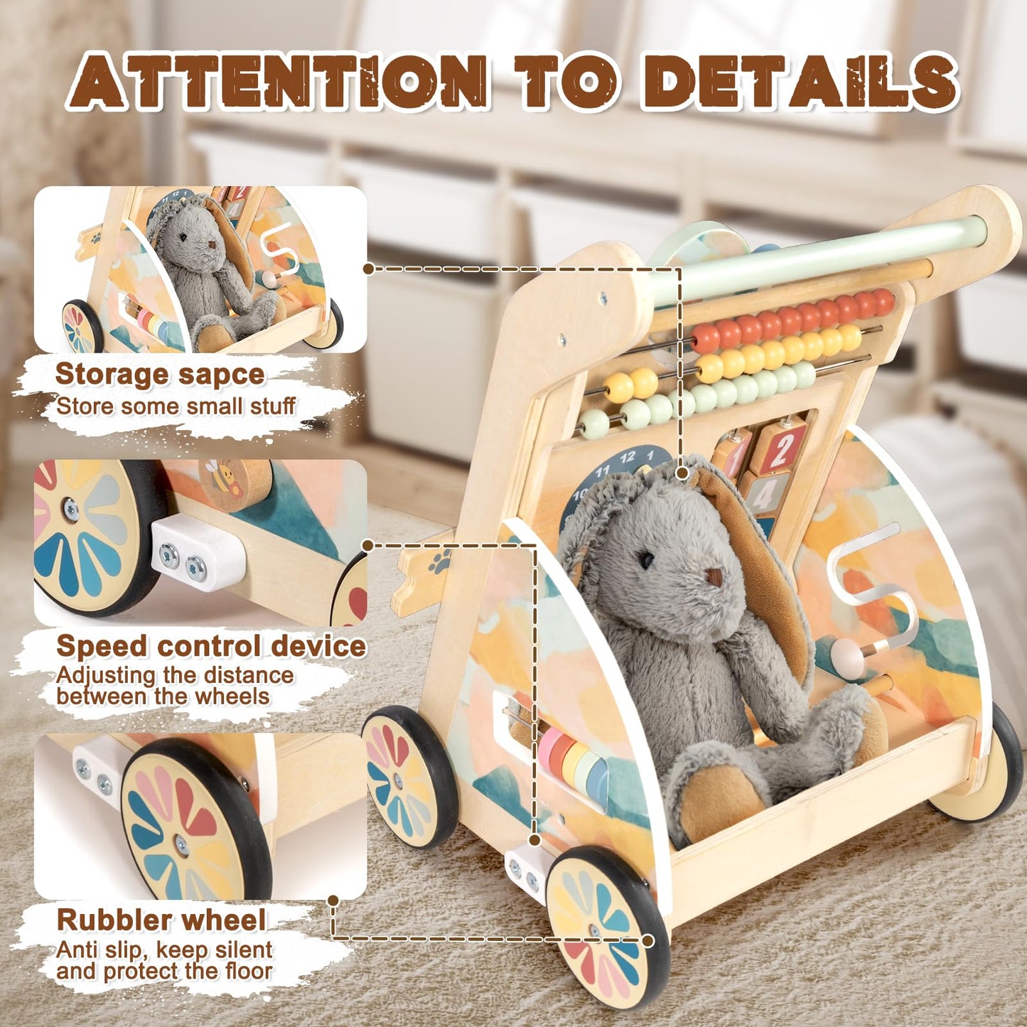 LOL-FUN Wooden Baby Walker with Double-Sided Busy Board and Adjustable Speed Wheels