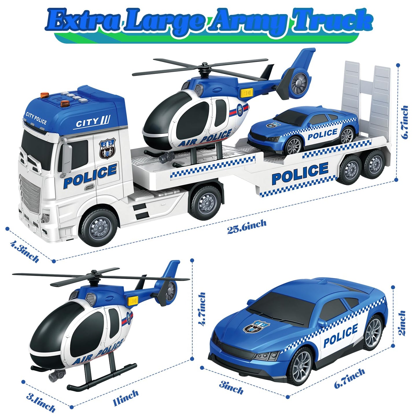 lonfypeng 3-in-1 Police Truck Toys for Kids 3-6 | Inertia Semi Trailer with Racing Car & Helicopter