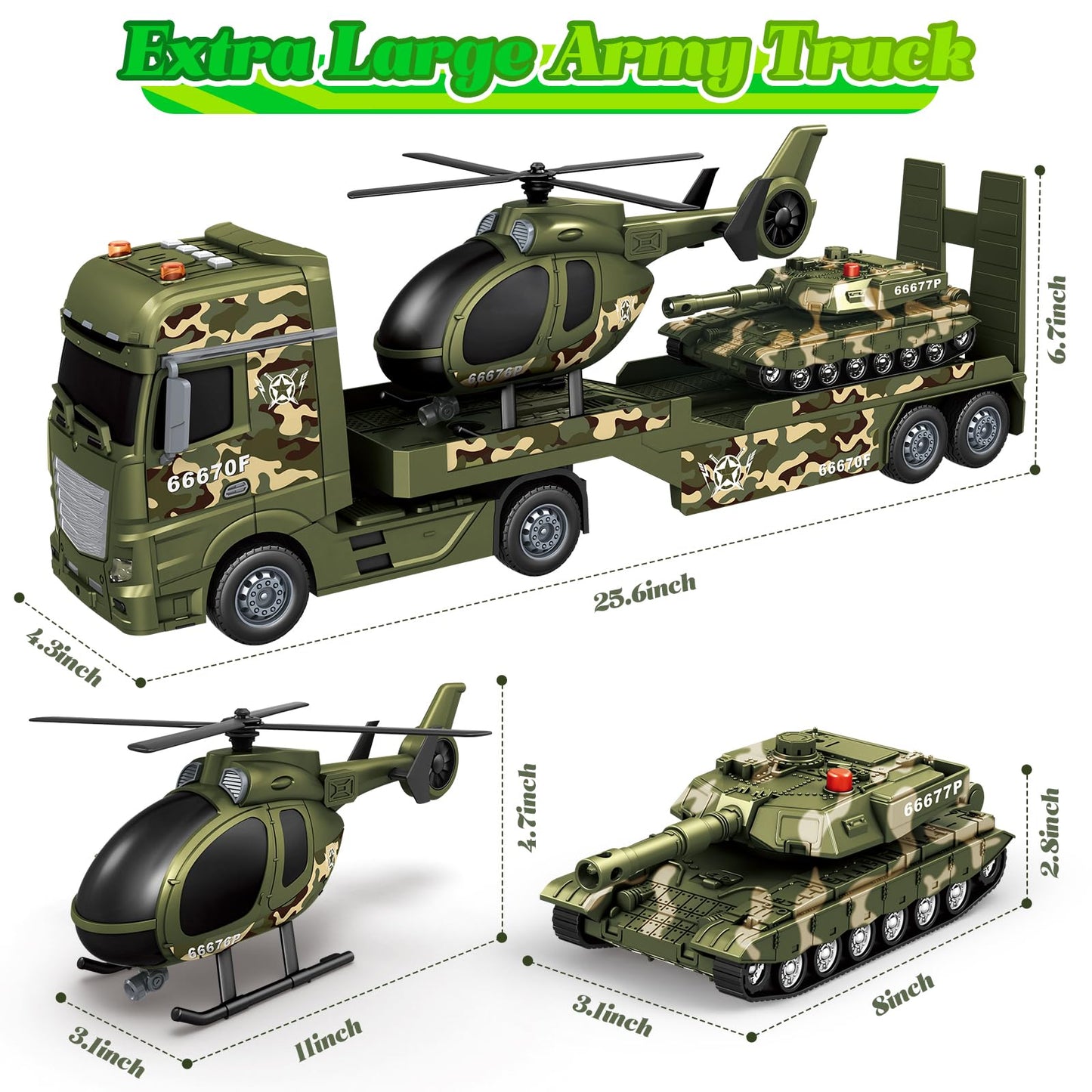 Lonfypeng 3-in-1 Military Truck with Helicopter & Tank – Inertia Semi Trailer, Lights & Sounds