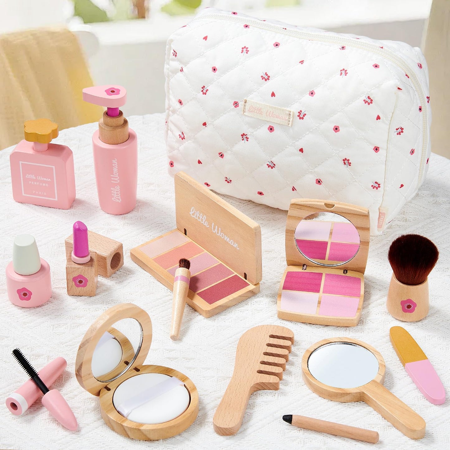 Lonico Wooden Makeup Toy Set for Girls – Pretend Play Kit with Bag, Mirror, and Accessories | Ages 3–8