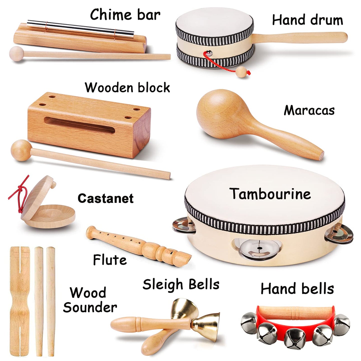 LOOIKOOS Toddler Musical Instruments — Eco Friendly Natural Wood Set with Storage Bag