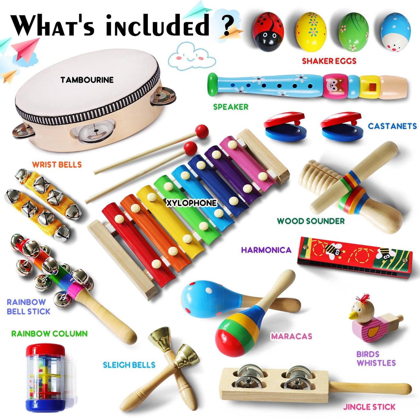 LOOIKOOS 22-Piece Toddler Musical Instruments Set – Wooden Percussion Toys with Storage Bag