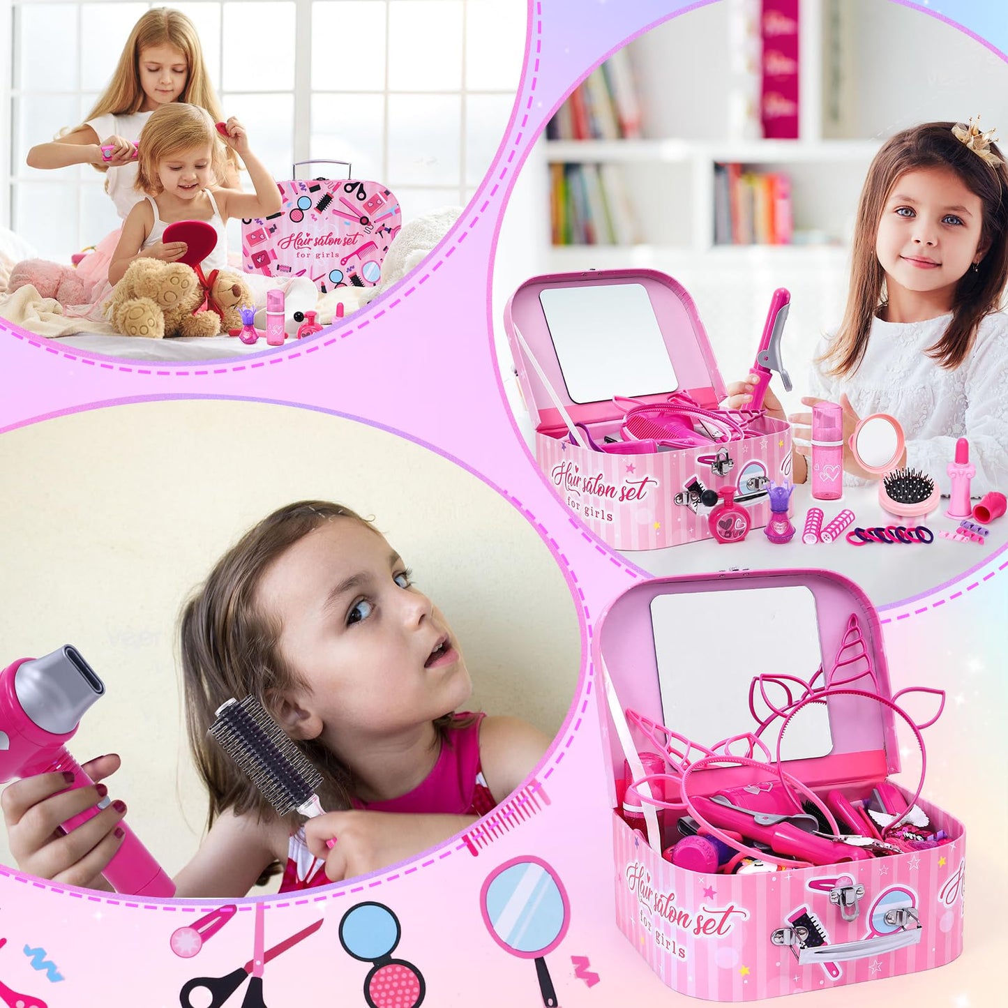 Lorfancy 49 Pcs Hair Salon Kit for Girls – Realistic Hair Dryer, Dress-Up Tools & Accessories