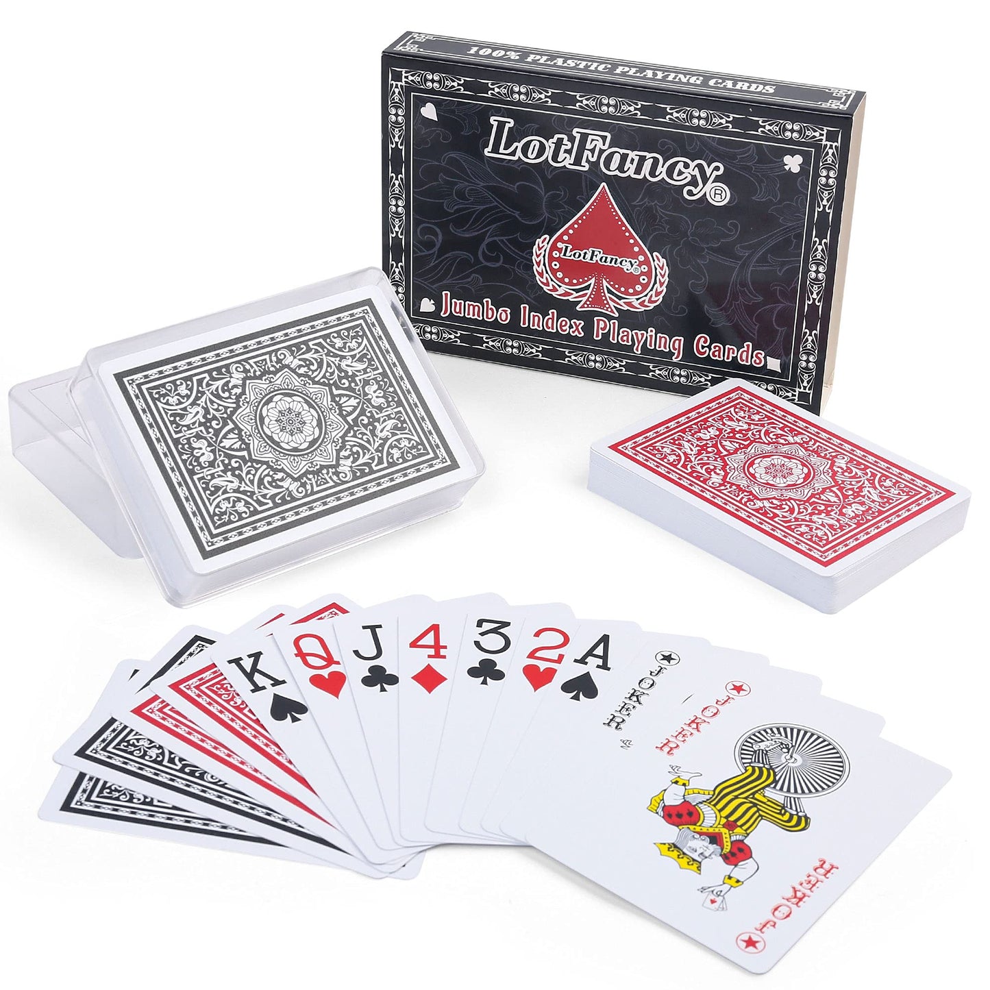 LotFancy Waterproof Plastic Playing Cards – Large Print, Jumbo Index, 2 Decks with Cases, Poker Size