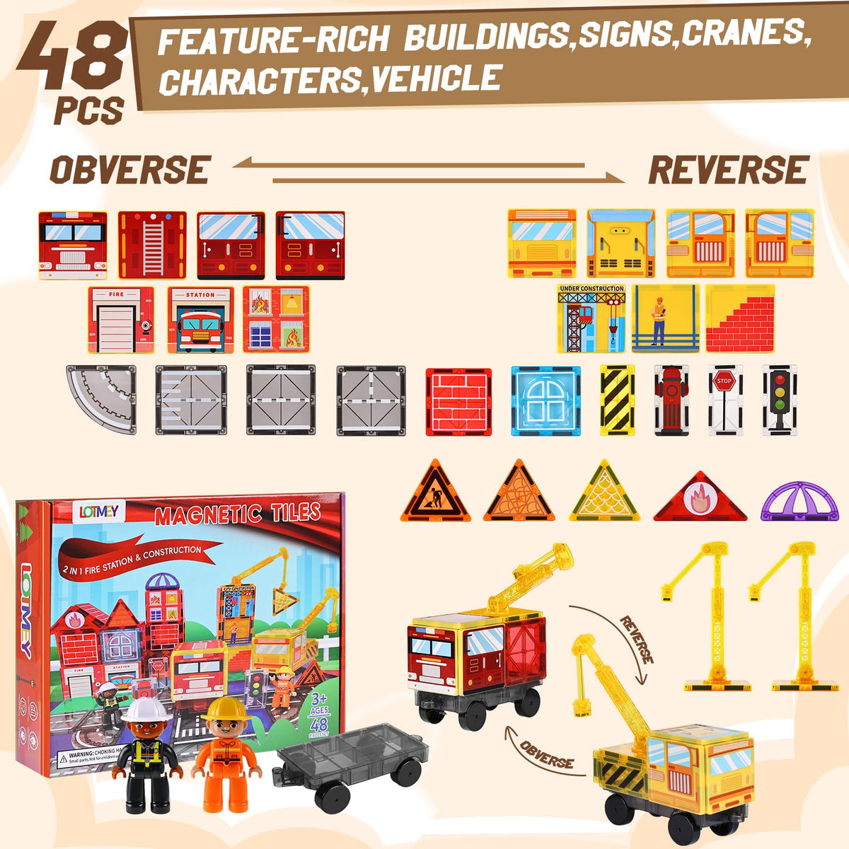 Lotmey Magnetic Tiles Road Set with Cranes – STEM Building Toys for Ages 3-12