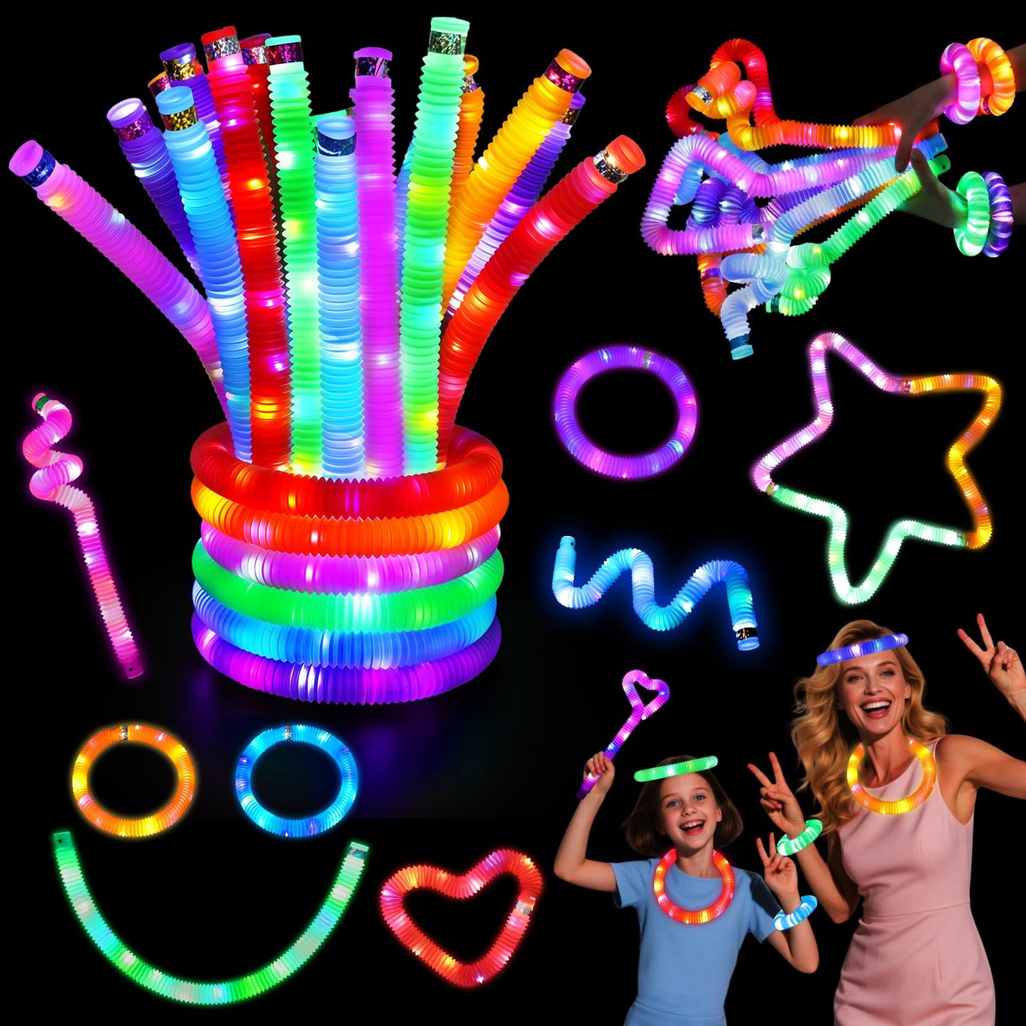 LovesTown 24Pcs Light Up Glow Sticks Pop Tubes – Glow in the Dark Party Favors for Kids